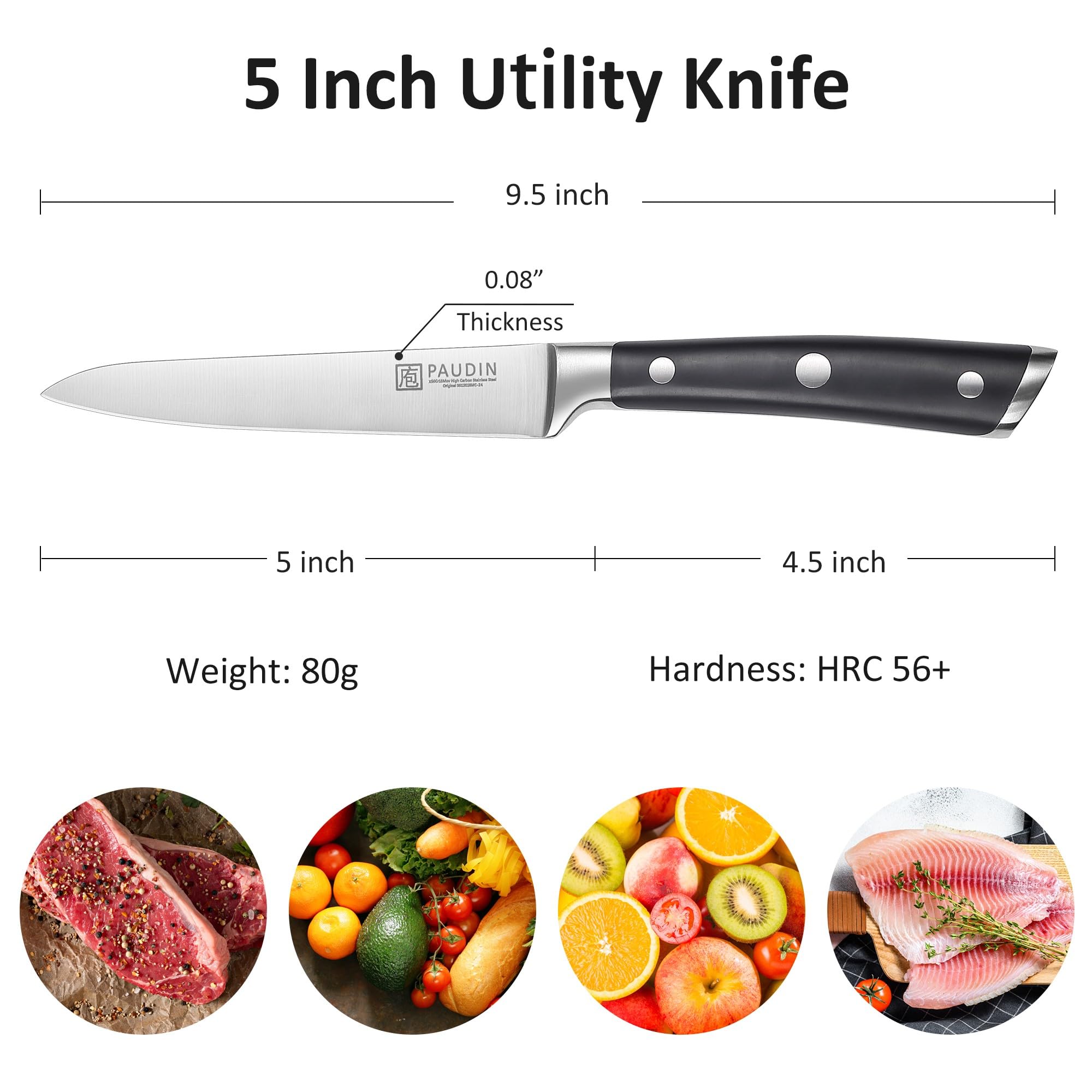 PAUDIN Utility Knife, Switzer Chefs Knife 5 Inch, Ultra Sharp High Carbon Stainless Steel Paring Knife, Multipurpose Kitchen Knife for Fruit and Vegetable Cutting with ABS Handle, Premium Gift Box