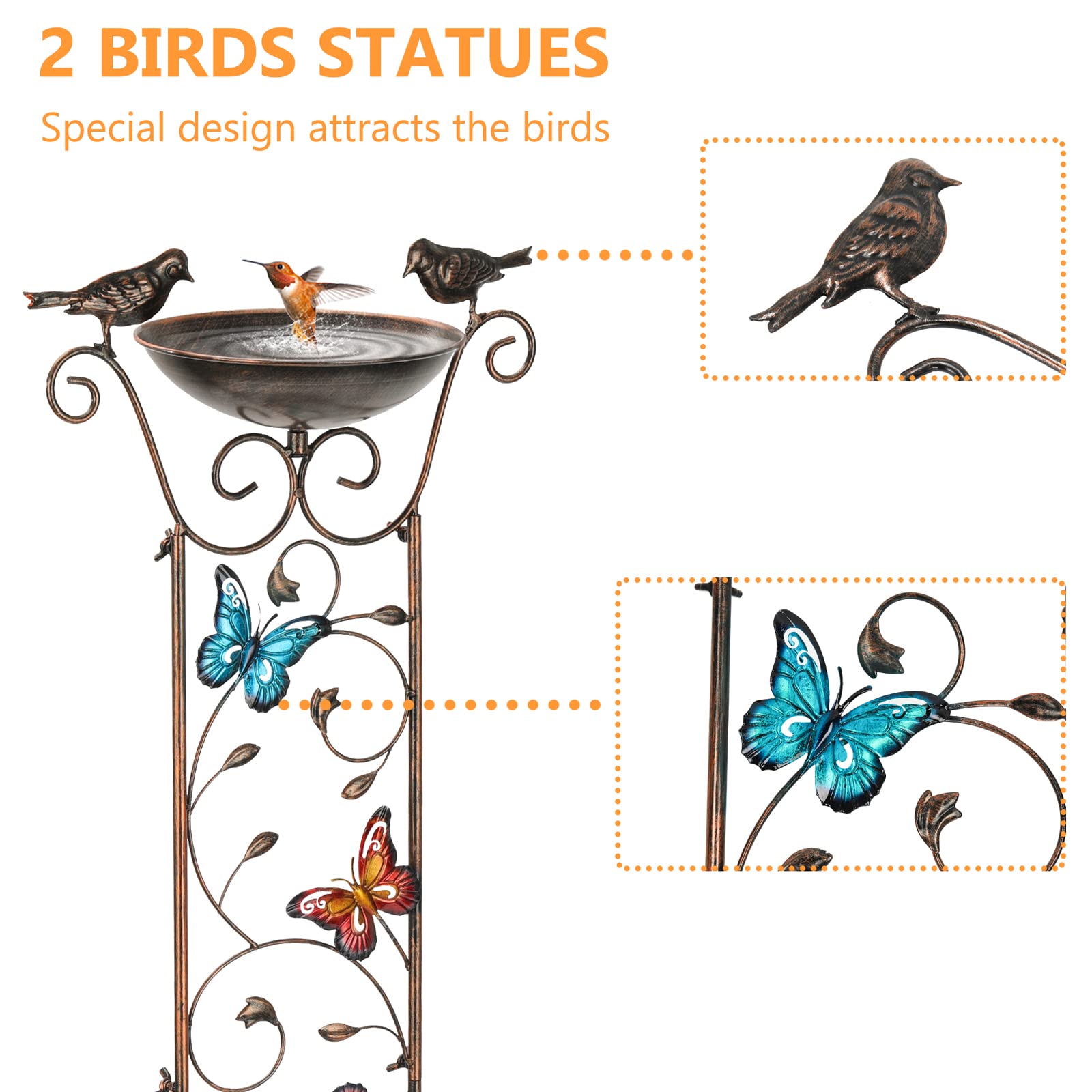 SUNNYPARK Bird Bath with Trellis Outdoor, Antique Garden Iron Trellis with Decorative Butterflies Detachable Bird Bowl Metal Potted Plants Support for Climbing Flowers