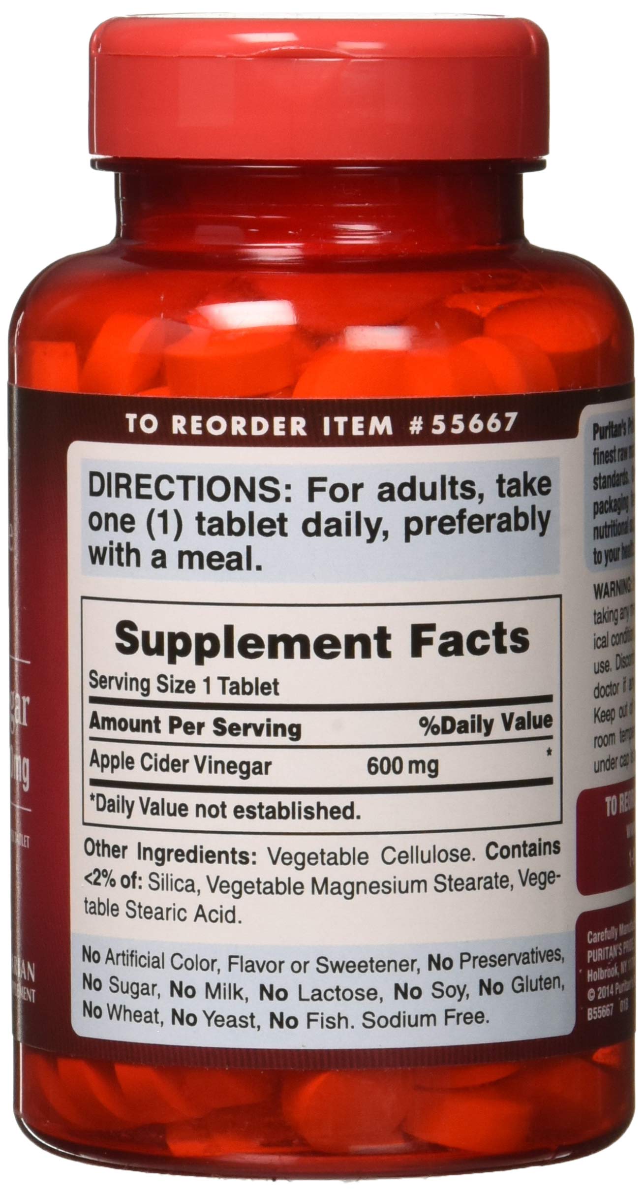 Puritan's Pride Apple Cider Vinegar 600 mg, Vegetarian Dietary Supplement, 6 Month Supply, 200 Tablets (Packing May Vary)