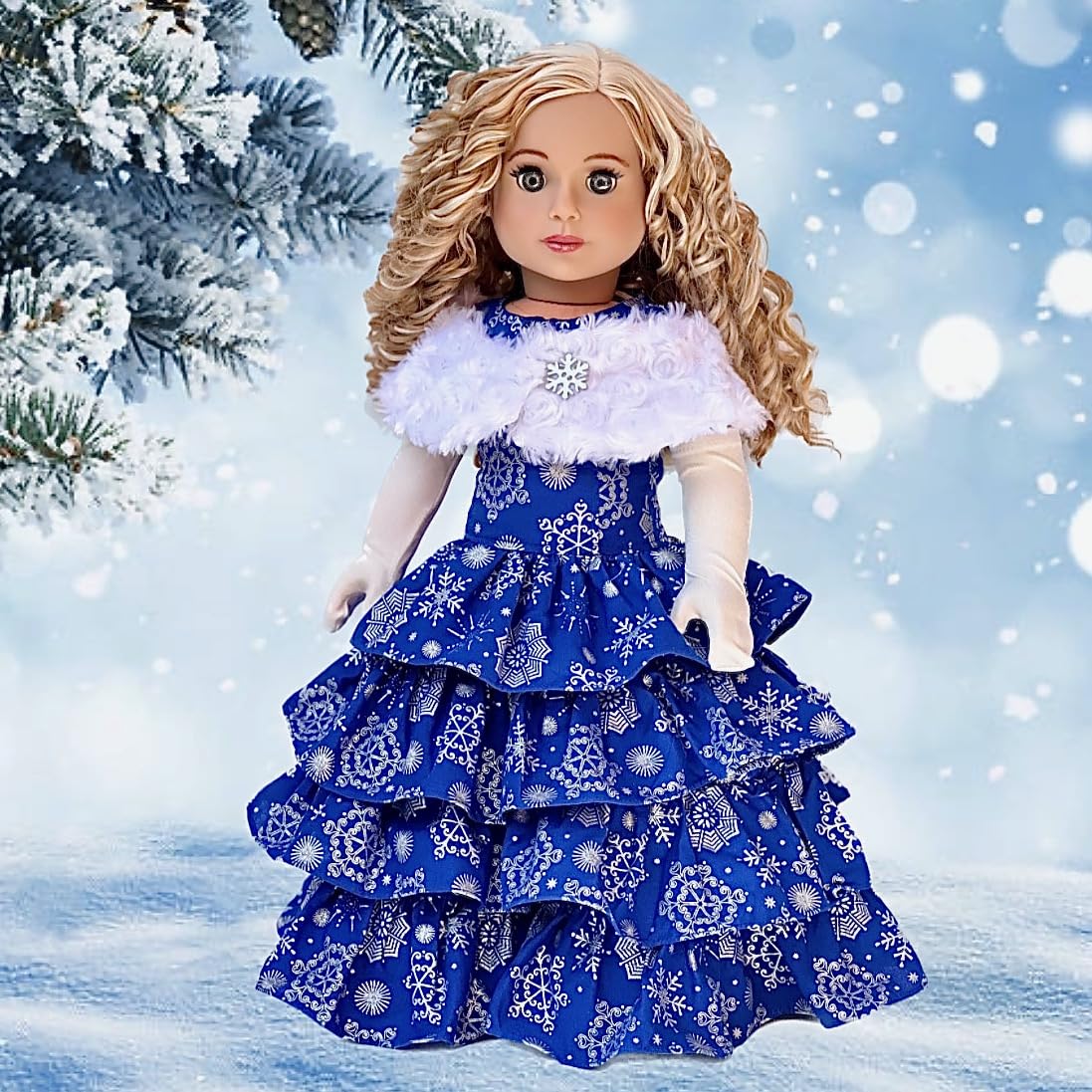 Silver Snowflake - 3 Piece 18 inch Doll Outfit - Blue Gown with White Stole and Long Gloves - (Doll Not Included)