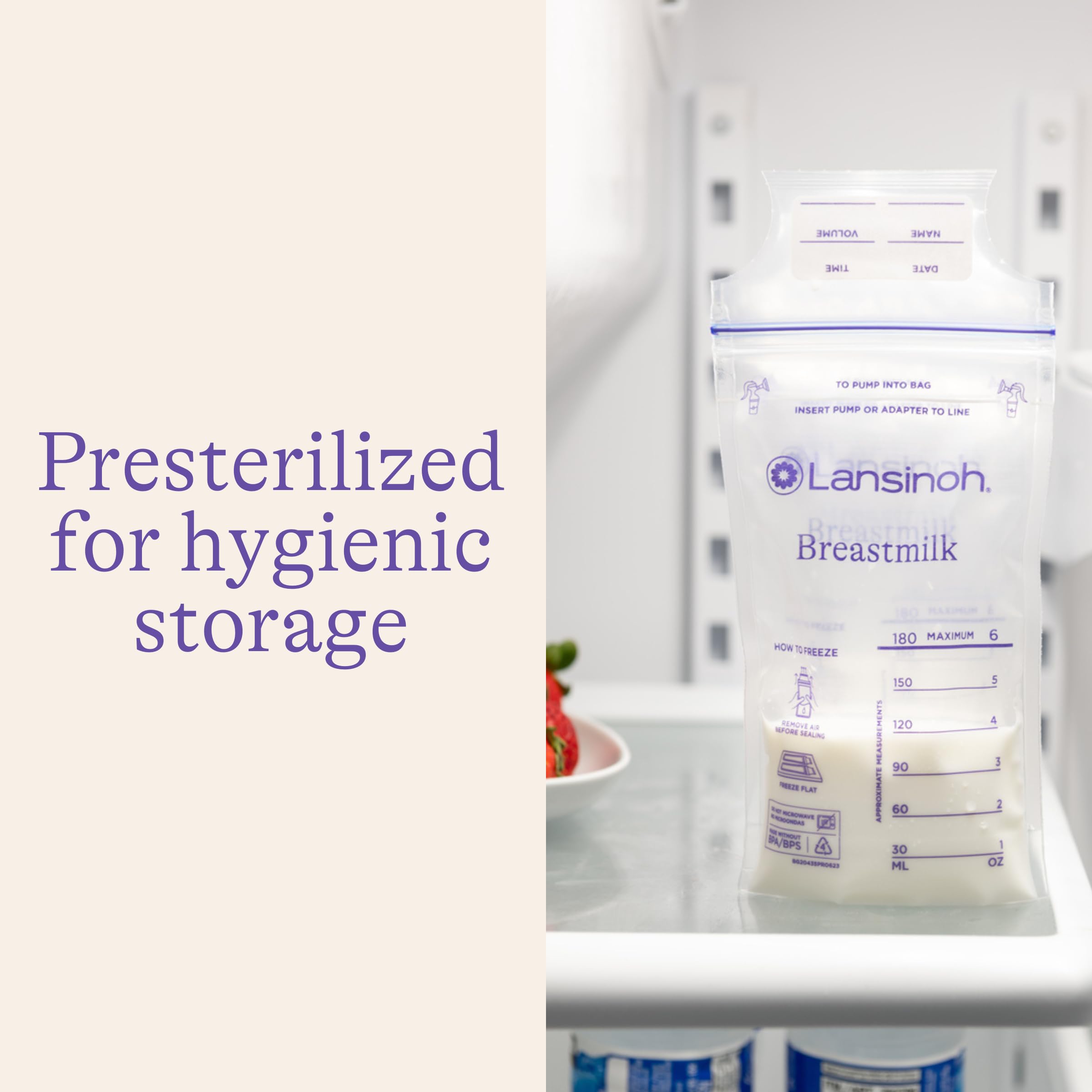 Lansinoh Breastmilk Storage Bags, 100 Count, Easy to Use Breast Milk Storage Bags for Feeding, Presterilized, Hygienically Doubled-Sealed for Refrigeration and Freezing, 6 Ounce