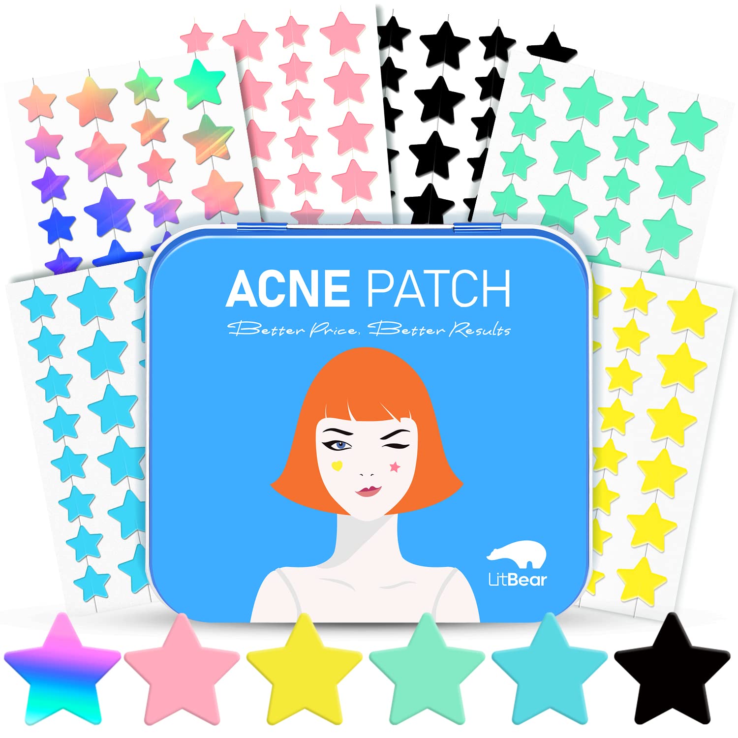 LitBear Acne Patch with Tea Tree & Centella Oil, 168 Hydrocolloid Dots in 6 Colors for Face - Cute Star Pimple Stickers