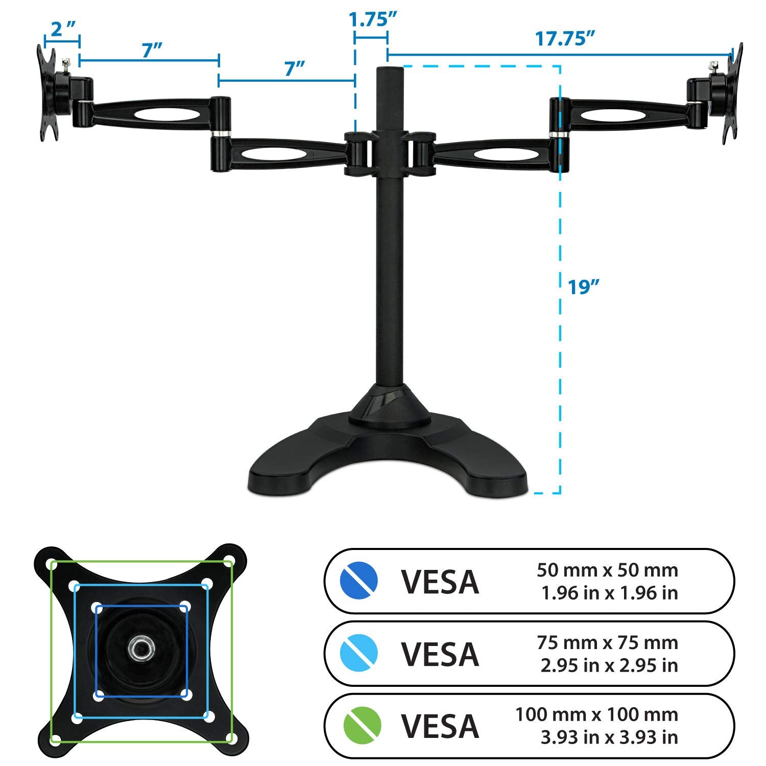 Mount-It! Free Standing Dual Monitor Stand | Double Arm Desk Mount Fits Two x 21 24 27 Inch Computer Screens | 2 Heavy Duty Full Motion Adjustable Arms | VESA 75 100 Compatible | Grommet Base Included