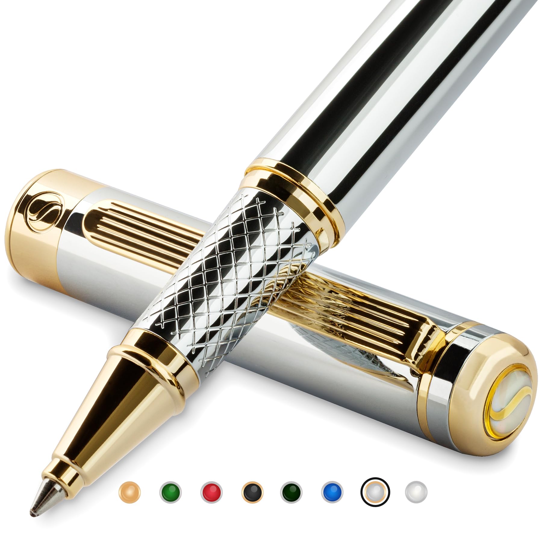 Scriveiner Silver Chrome Rollerball Pen - Stunning Luxury Pen with 24K Gold Finish, Schmidt Ink Refill, Best Roller Ball Pen Gift Set for Men & Women, Professional, Executive Office, Nice, Fancy Pens