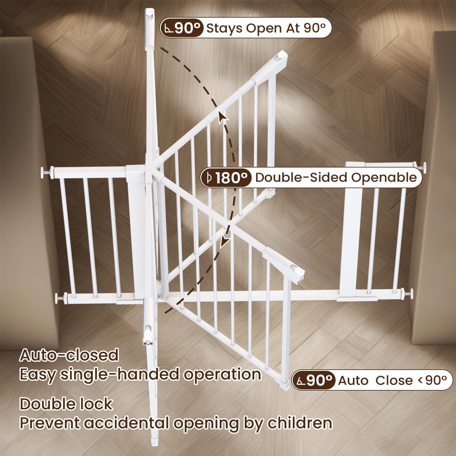 Mumeasy Baby Gate for Stairs - 29.6-46" Auto Close Dog Gate for Doorways, Extra Wide Child Gate Indoor, Walking Through Safety Gate for Kid, Pet Gates No Drilling White, Mom's Choice Awards Winner