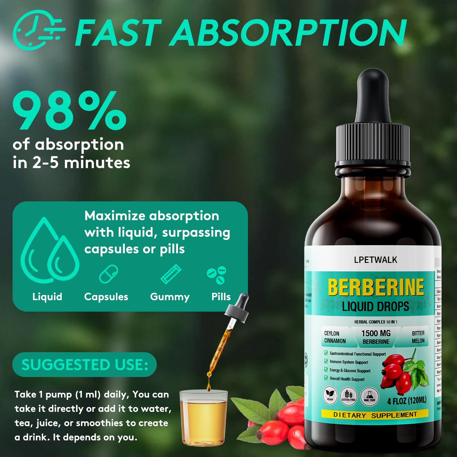 LPETWALK 4 FL Oz Organic Berberine Liquid Drops - Premium Berberine Supplement with Ceylon Cinnamon, Bitter Melon, Sugar-Free & Vegan Supplement Berberine Leaves Liquid, 98% Absorption - 120ML