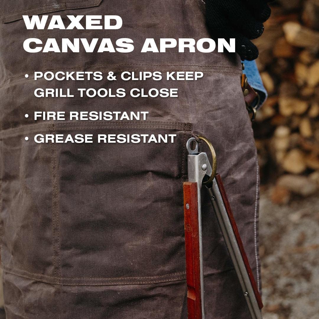 Breeo Waxed Canvas Apron - Leather Straps - D Rings & Pockets - Adjustable Straps