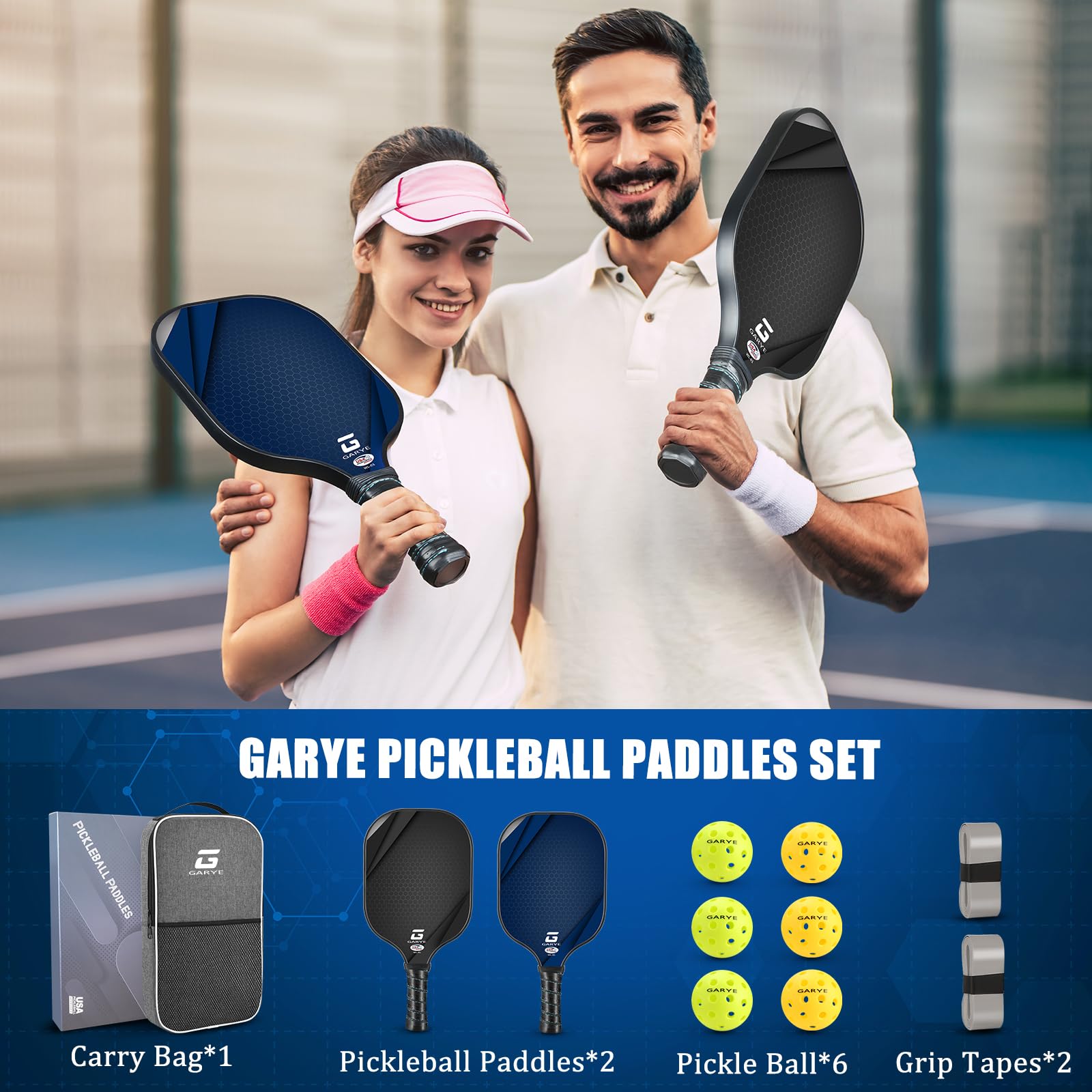 GARYE Pickleball Paddles Set of 2, USAPA Approved Carbon Fiber Pickleball Set, Lightweight Graphite Rackets 2 Pack with 6 Balls, 1 Pickleball Bag for Men and Women