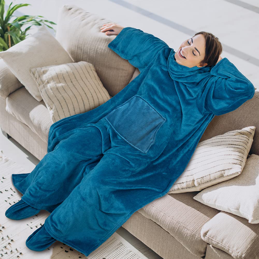 PAVILIA Fleece Blanket with Sleeves, Foot Pockets for Women Men Adults, Plush Wearable Blanket Throw Wrap, Warm Snuggle Blanket Robe, Cozy Gift Ideas Wife Mom, Teal Blue