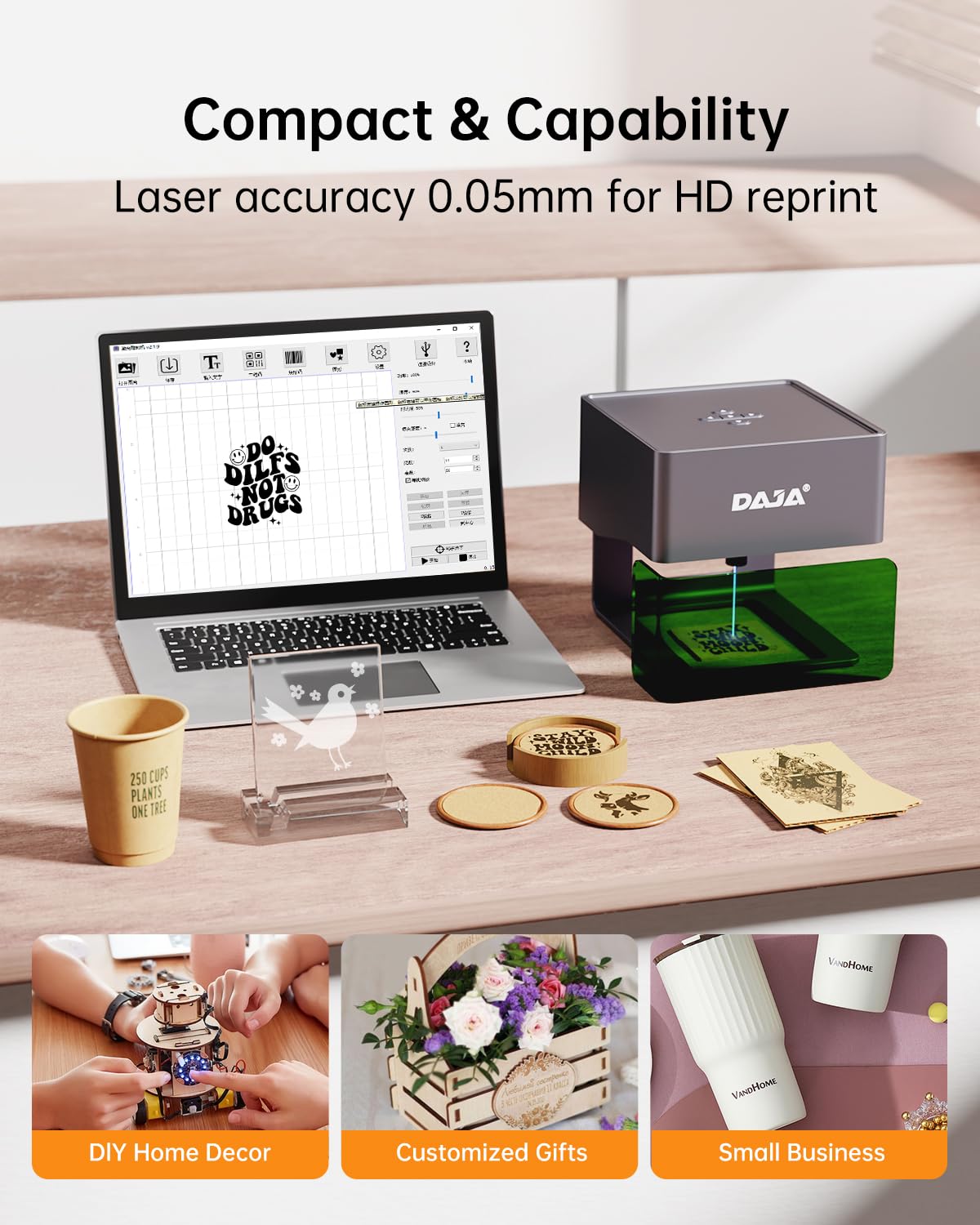 DAJA DJ6 Pro Laser Engraver with Higher Columns Portable Laser Engraving Machine Kits for DIY Supports Win/Mobile System/Offline Laser Cutter (Working area 3.15 * 3.15 inches)