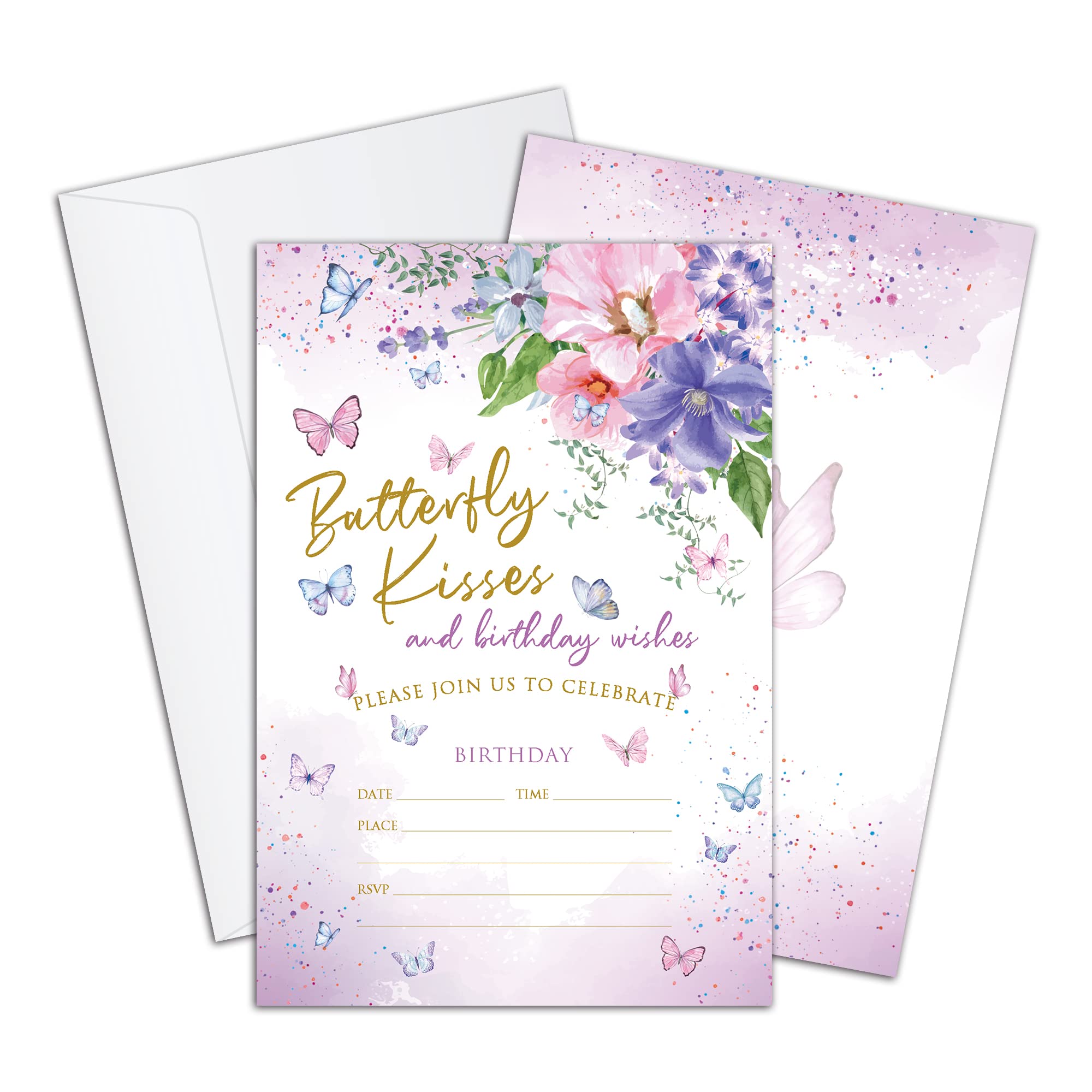 Watercolor Floral Invitation to Butterfly Birthday Party, Painted Butterfly Birthday Decoration, Baby, Adult, Sister Birthday, Double Sided Printed 20 Invitation Cards with Envelope, 4"x6 (JY213)