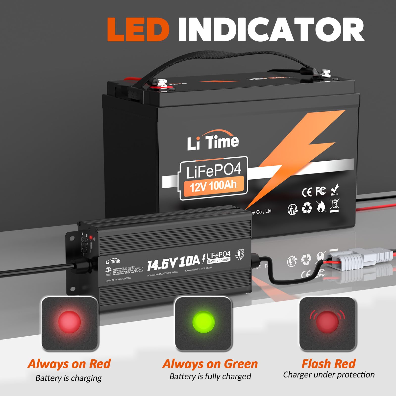 LiTime IP67 Waterproof 14.6V 10A LiFePO4 Onboard Charger, Fast Charging, 4 Safety Protections, Better Charging Performance, Extend Lithium Batteries Life, with LED Indicator, Outdoor & Marine Use