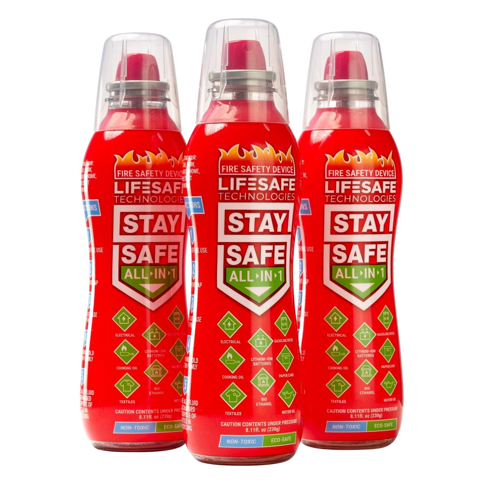 StaySafe All-in-1 Portable Fire Extinguisher by LifeSafe Technologies | Compact & Easy to Use | for Home, Kitchen, Car, Garage, Boat | Non-Toxic & Eco-Friendly | Tackles 10 Types of Fire | 3 Pack