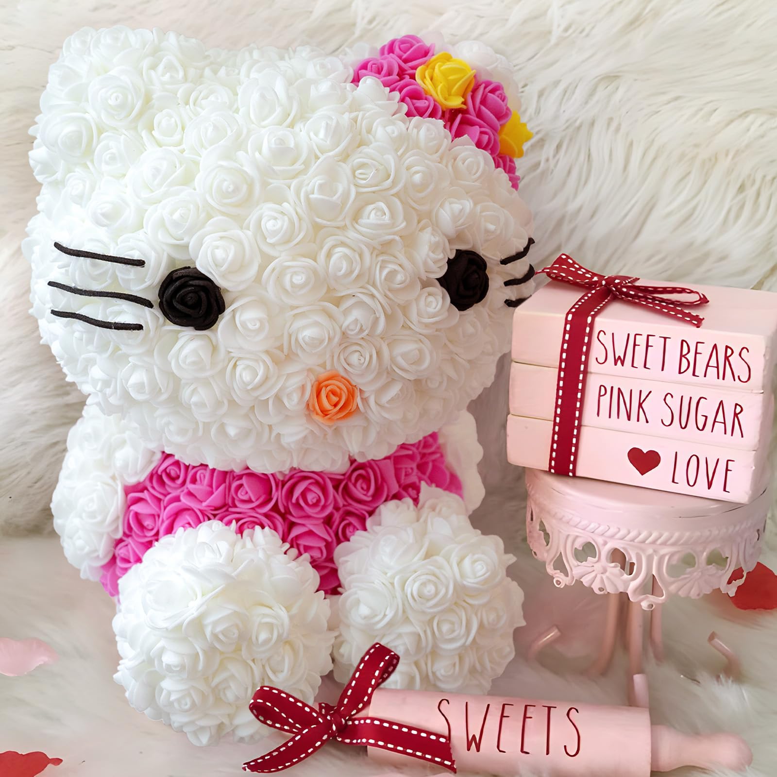 Valentines Day Gifts for Her- Hand Made Rose Kitty Valentines Day Gifts for Kids- Artificial Teddy Bear Gift for Women, Mothers Day, Wedding and Anniversary, Birthday Present