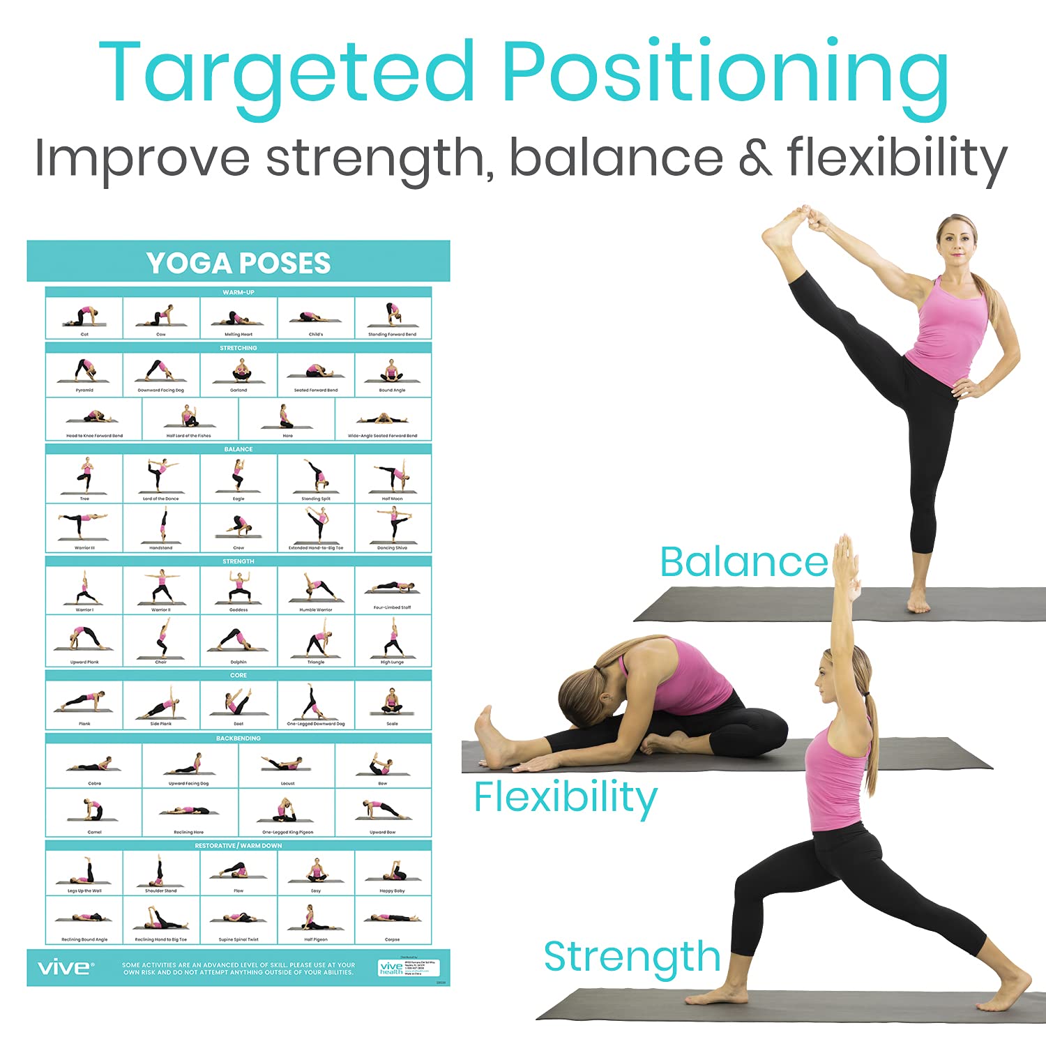 Vive Yoga Poster - Poses for Beginners and Experts - Mat Exercise Home Gym Workout Accessories Set- Double Sided Laminated Flow Chart Accessory - Instructional Guided Routine - for Women, Men