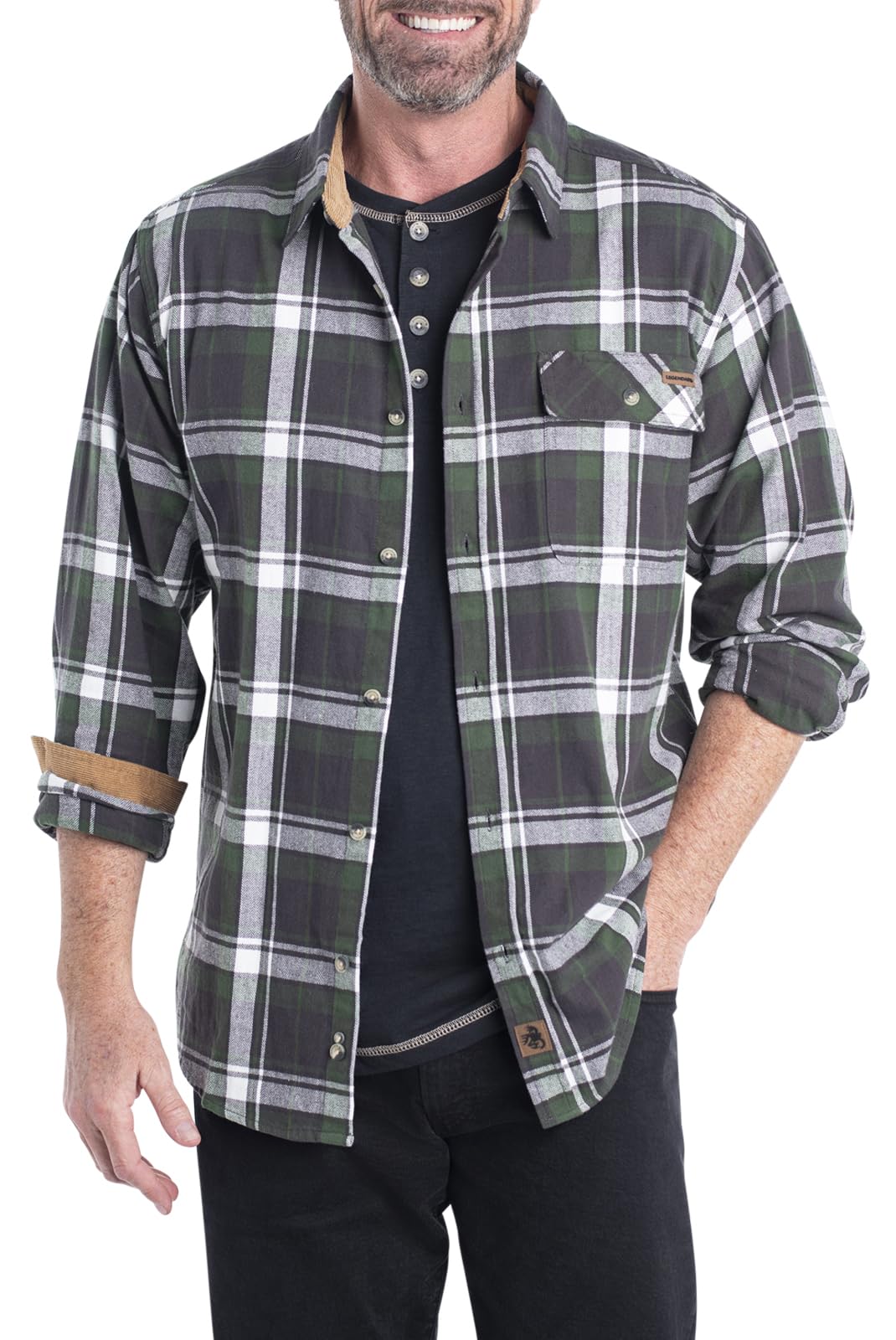 Legendary Whitetails Men's Standard Buck Camp Flannel, Long Sleeve Plaid Button Down Casual Shirt, Corduroy Cuffs, Mountain Charcoal, Large
