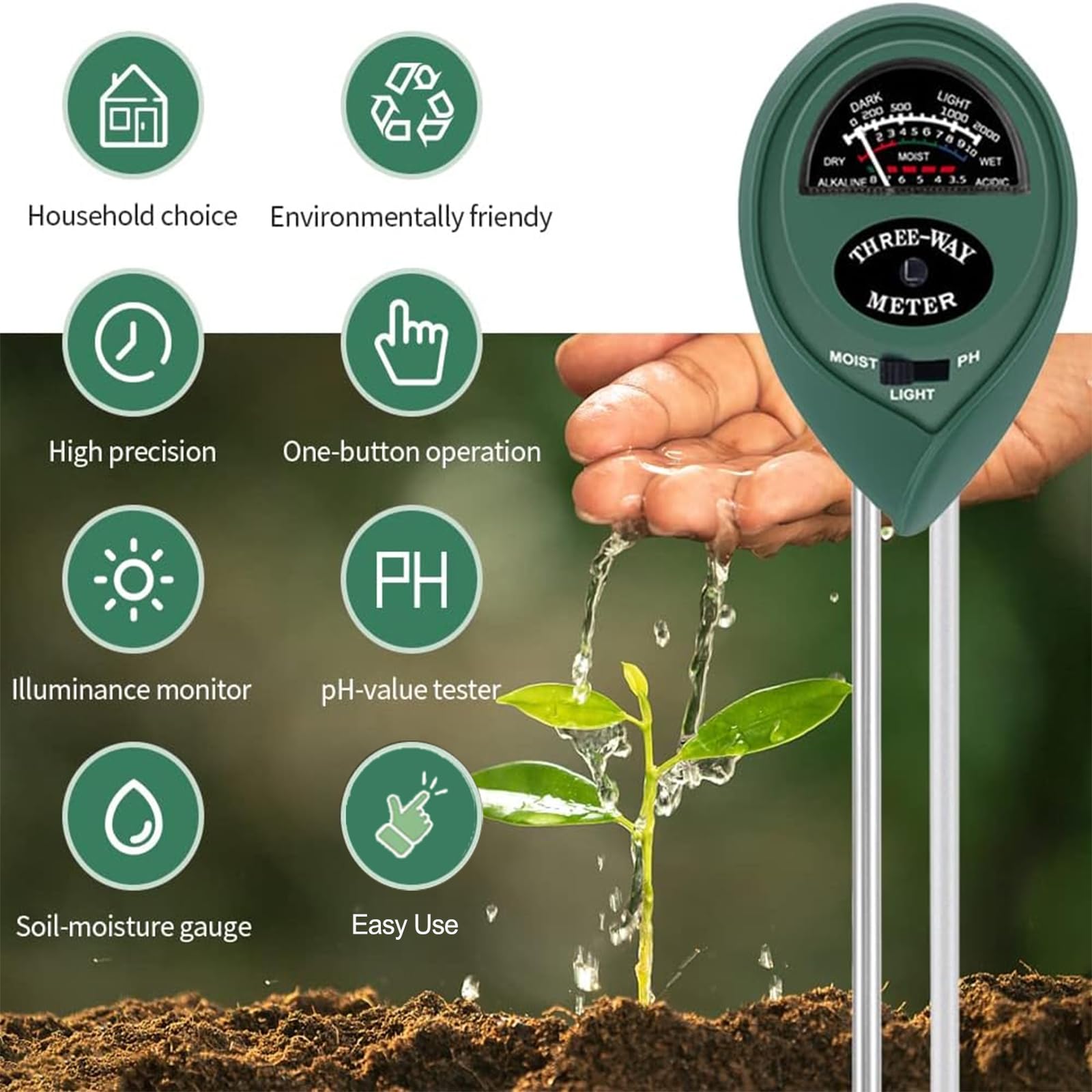 Maxsolve 2 Pack Soil Tester, 3-in-1 Plant Moisture Meter Light and PH Tester Garden Lawn Farm, Indoor and Outdoor Use, Soil Test Kit Acidity Water