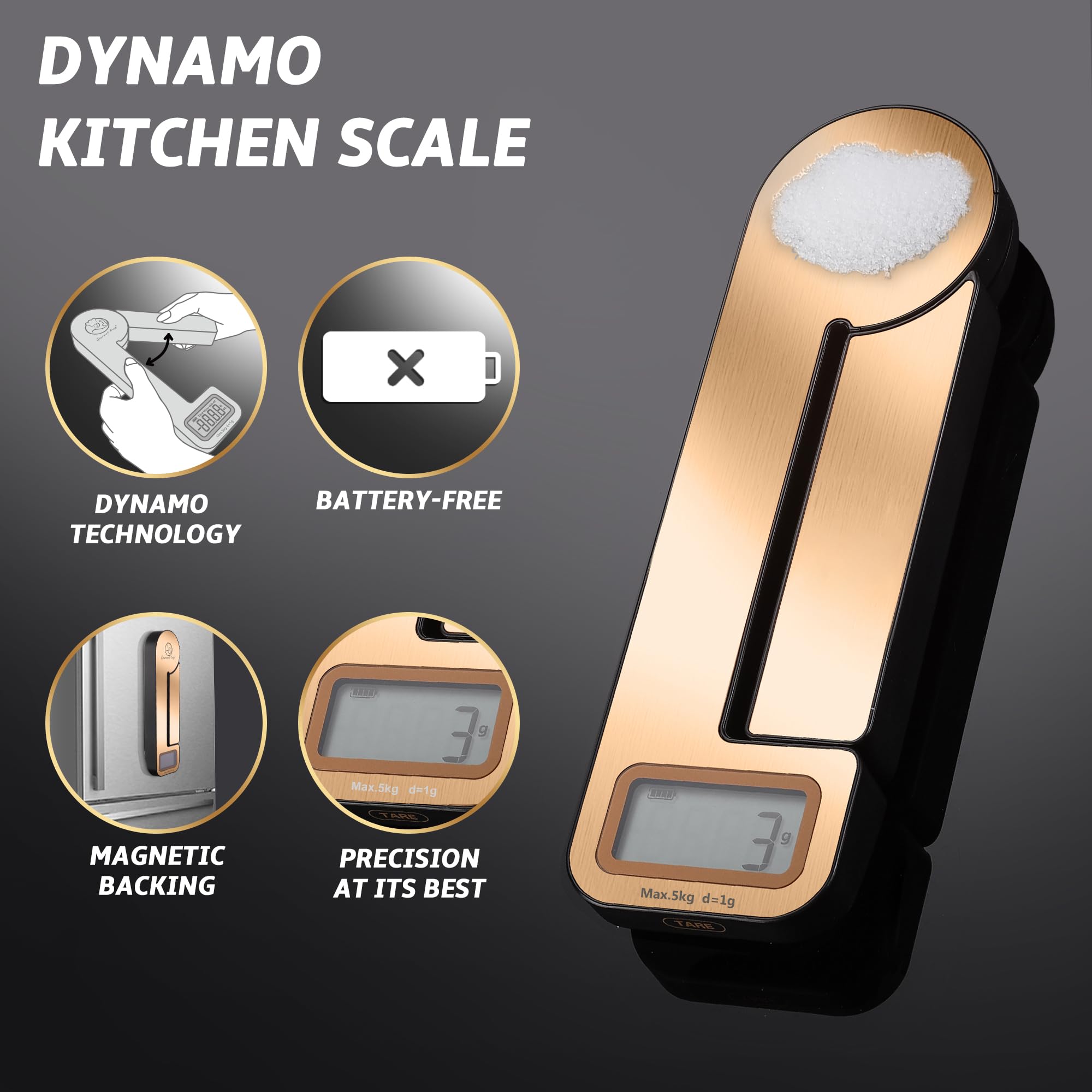 Battery-Free Technology Kitchen Scale, Gourmet Easy Dynamo Food Scale for Kitchen, Food Weight Scale up to 11 Pounds with 3 Unit Modes, Grams & Ounces for Cooking, Baking & Meal Prep, Rectangular