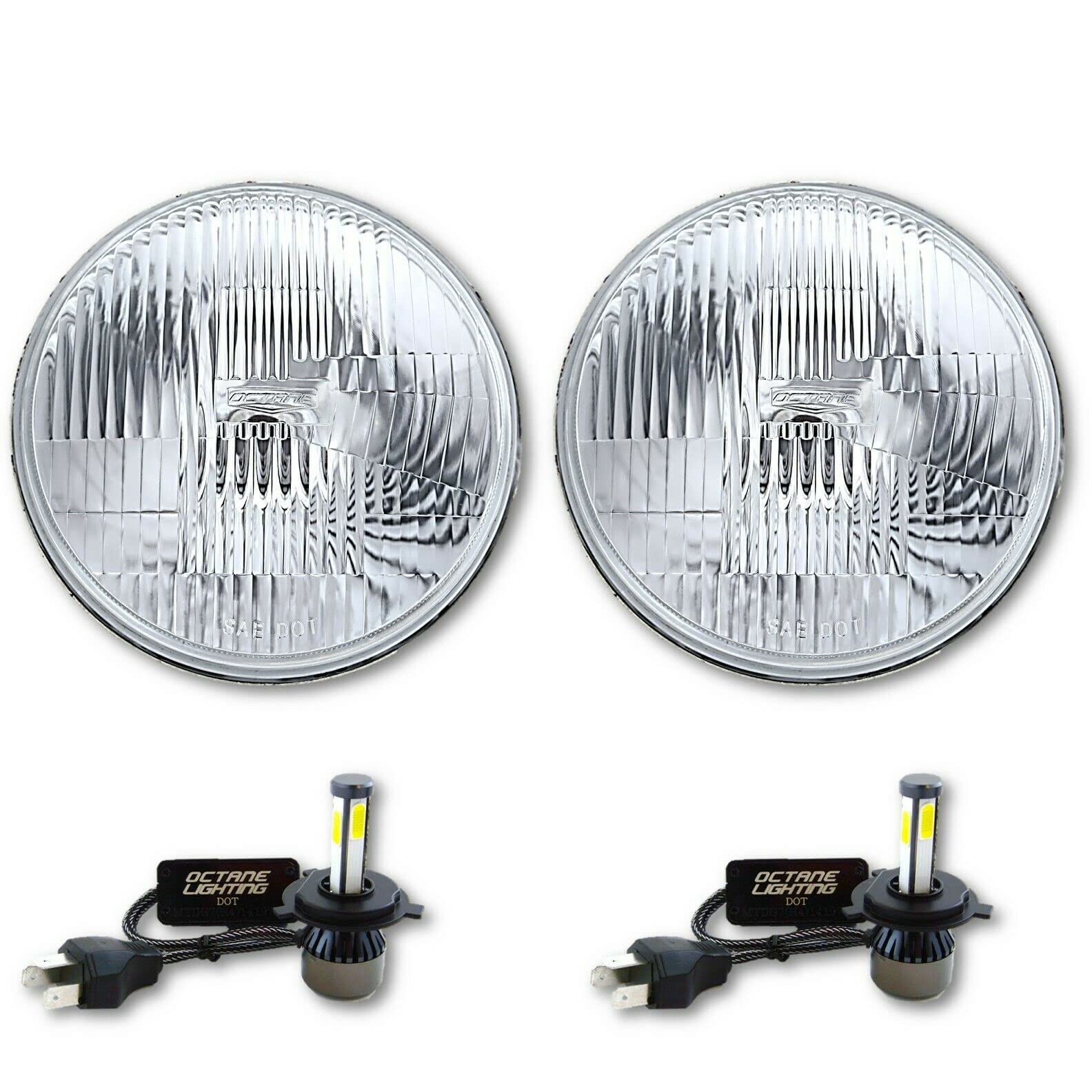 Octane Lighting 7 Inch Stock Style H4 Glass Headlight LED 4000 Lumens 20/40w Light Bulb Headlamp Pair