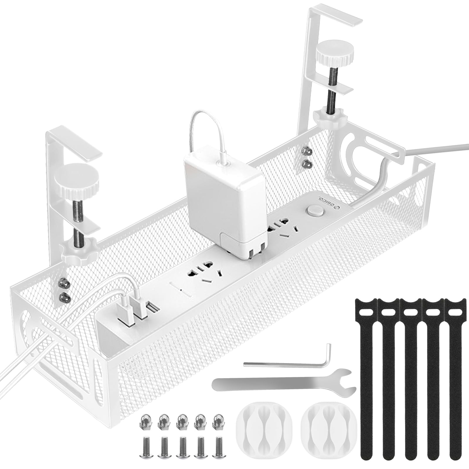 Under Desk Cable Management Tray, Cable Management Under Desk No Drill, Cable Management Tray with Desk Clamp for Home Office Standing Desk Wire Management, White