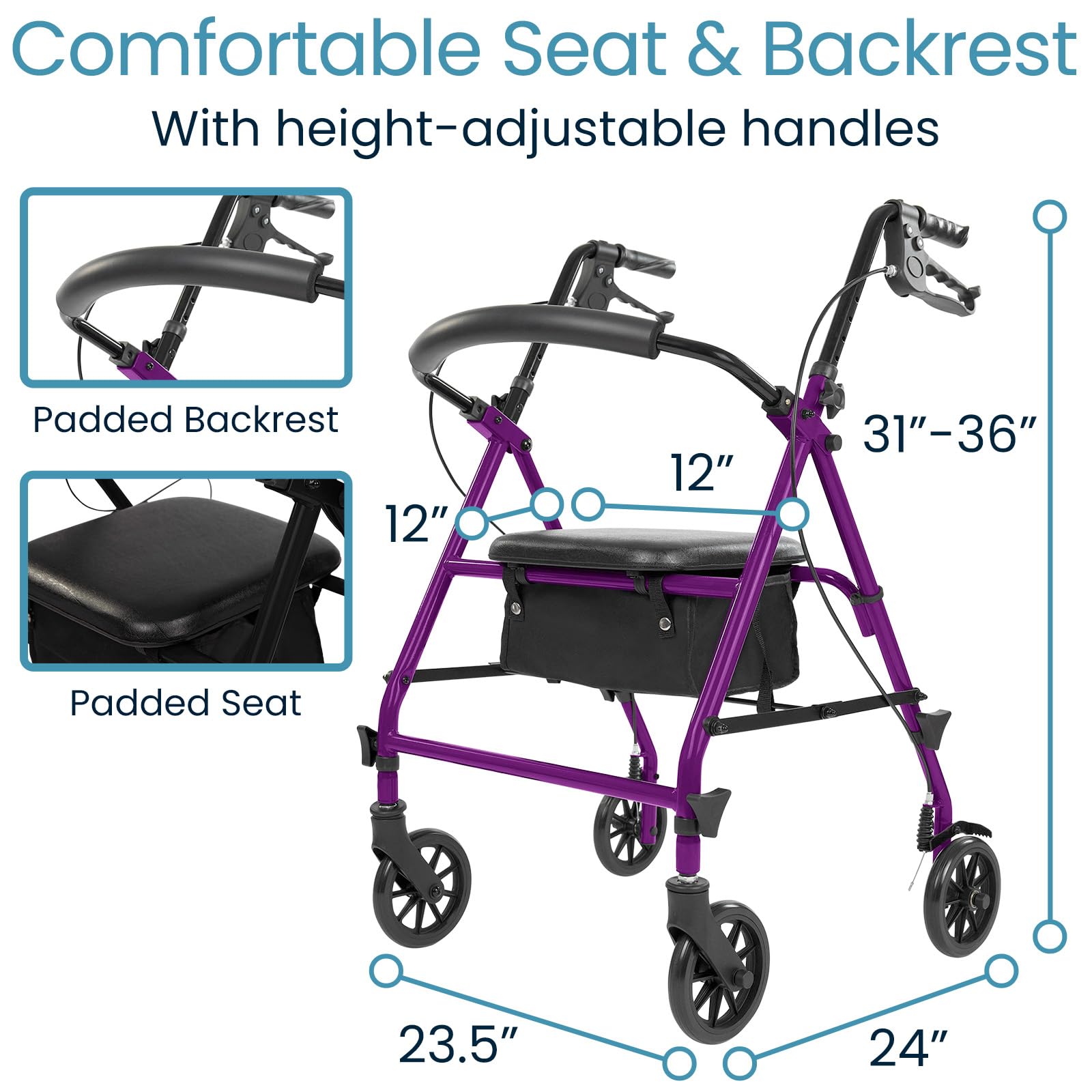 Vive Mobility Steel Rollator Walker with Seat - Foldable, Narrow, Rolling Senior Walker for Small Spaces - 4 Wheel Lightweight Adult Easy Drive with Underseat Storage, Adjustable Height (Purple)