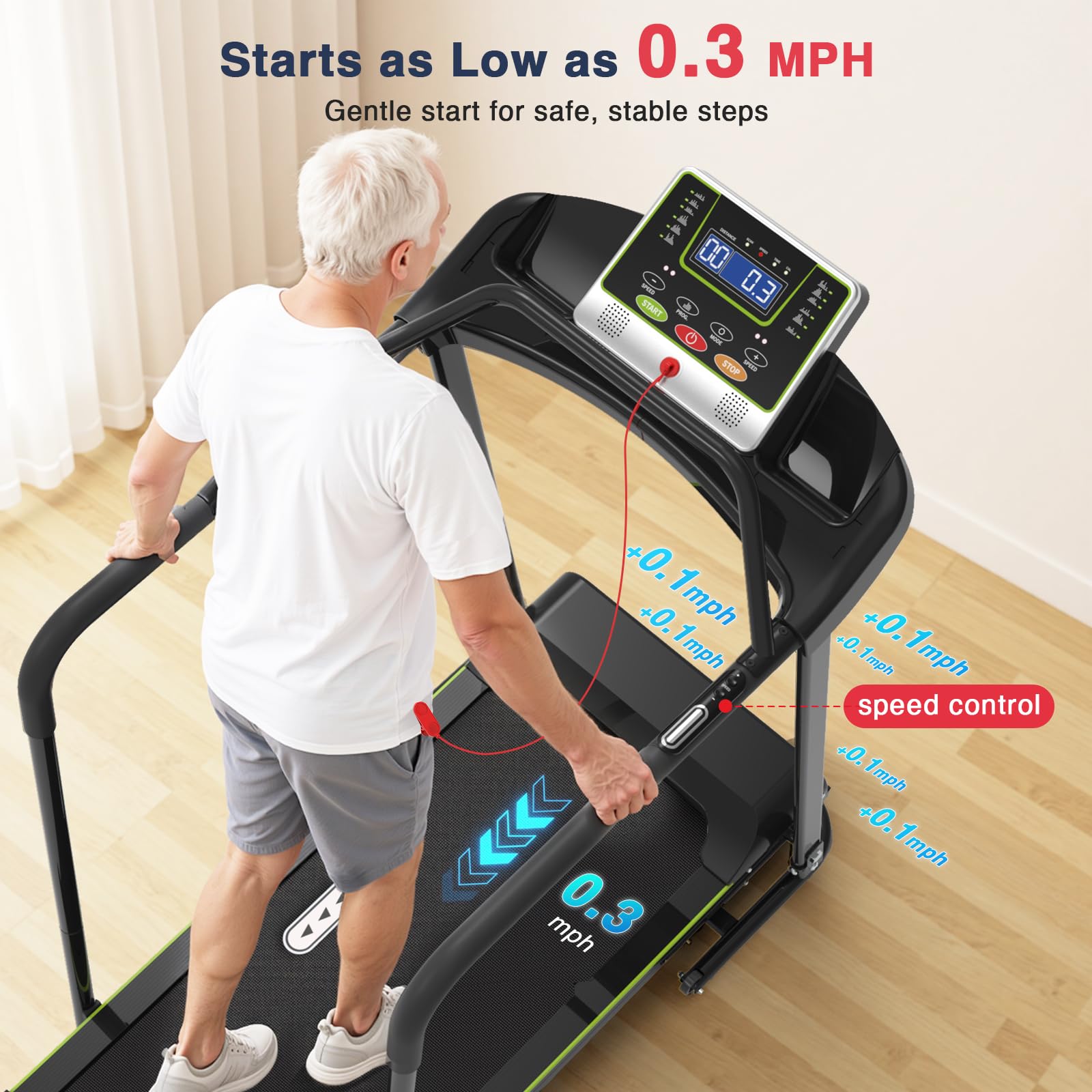 Redliro Walking Treadmill with Long Handrail for Balance, Recovery Fitness Exercise Machine Foldable for Home use with Holder for Phone & Cup,LCD Display, 300 lbs Capacity
