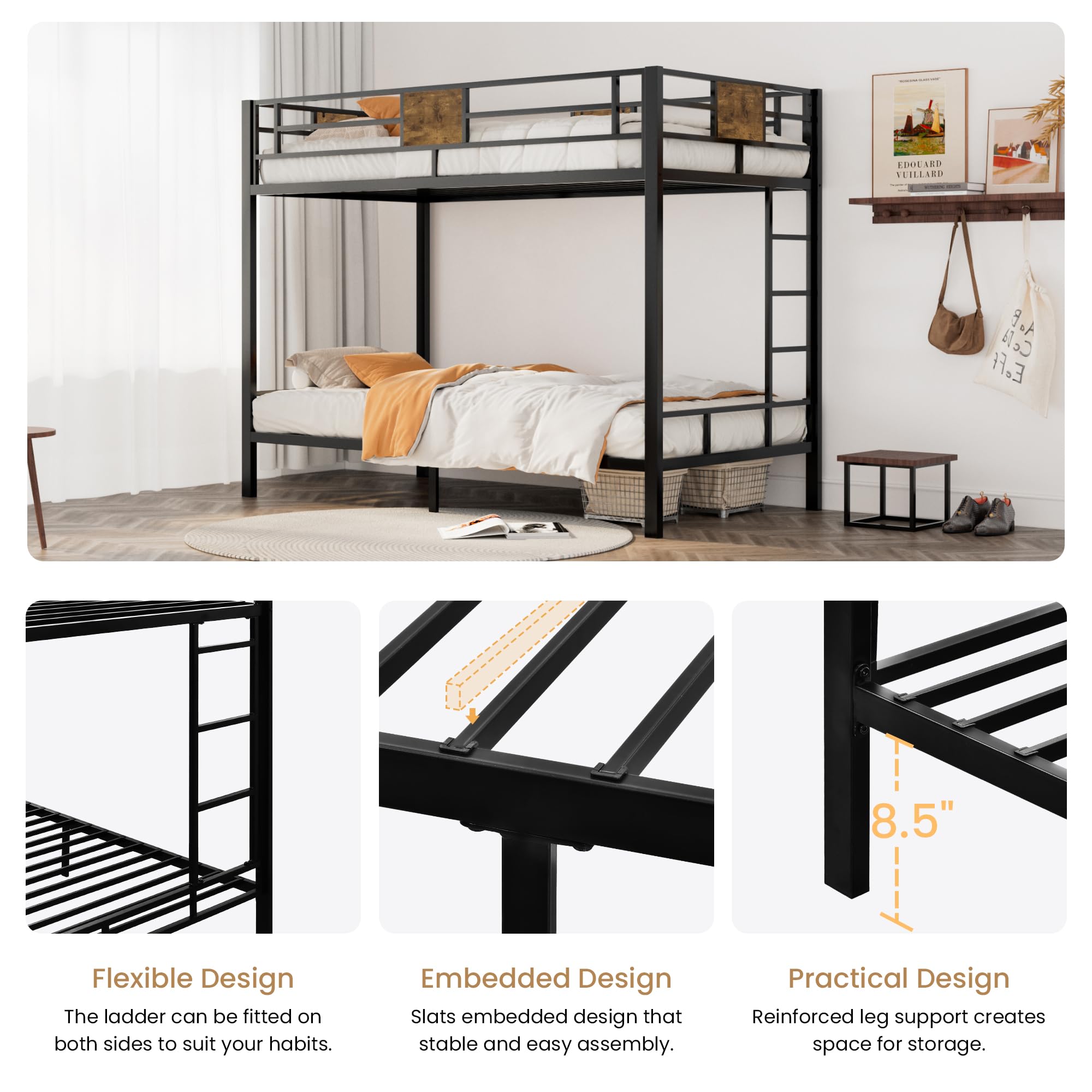 SHA CERLIN Bunk Bed Twin Over Twin Size with Ladder and Full-Length Guardrail, Metal, Storage Space, No Box Spring Needed, Noise Free, Black