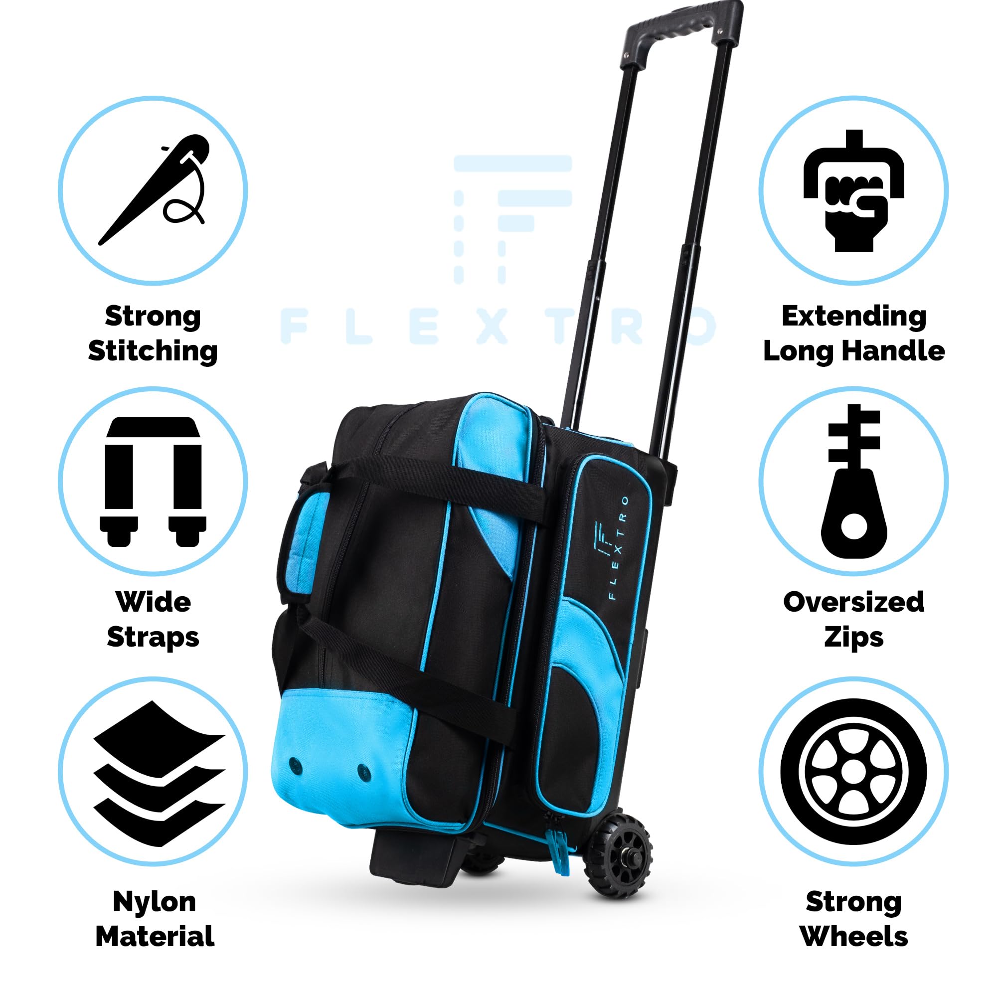 Flextro 2 Ball Bowling Bag with Wheels PLUS Single Ball Bowling Bag; 2 Ball Double Roller Trolley with Compartments for Bowling Equipment and Shoes (Black & Blue)