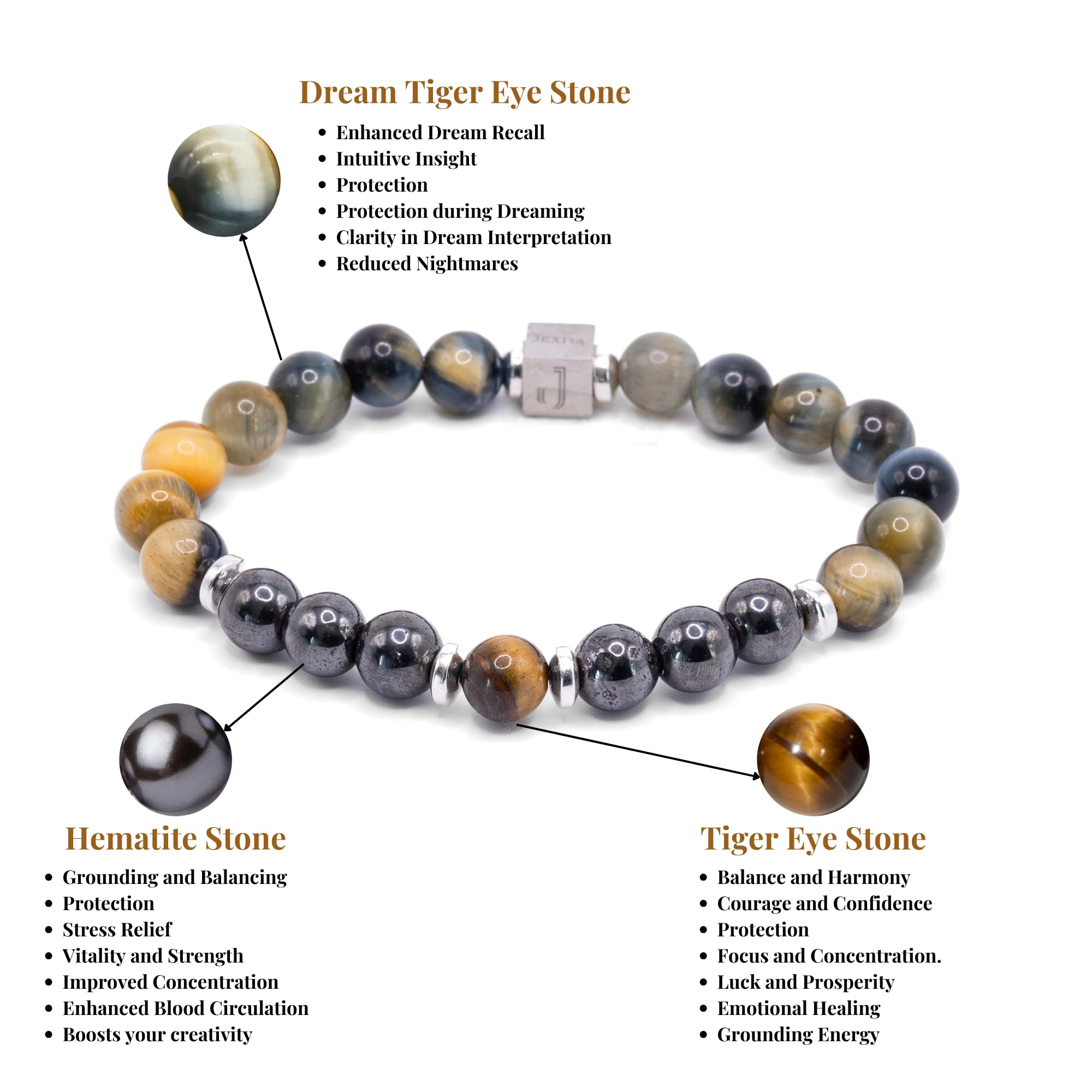 Jexiva Hematite Unique Unisex Bracelets - Dream Tiger Eye - Help Health Support - Meditation Yoga - 8mm Beads Stretch Bracelet for Men, Women, Her & Him With Luxury Gift Box (Cats Eye)