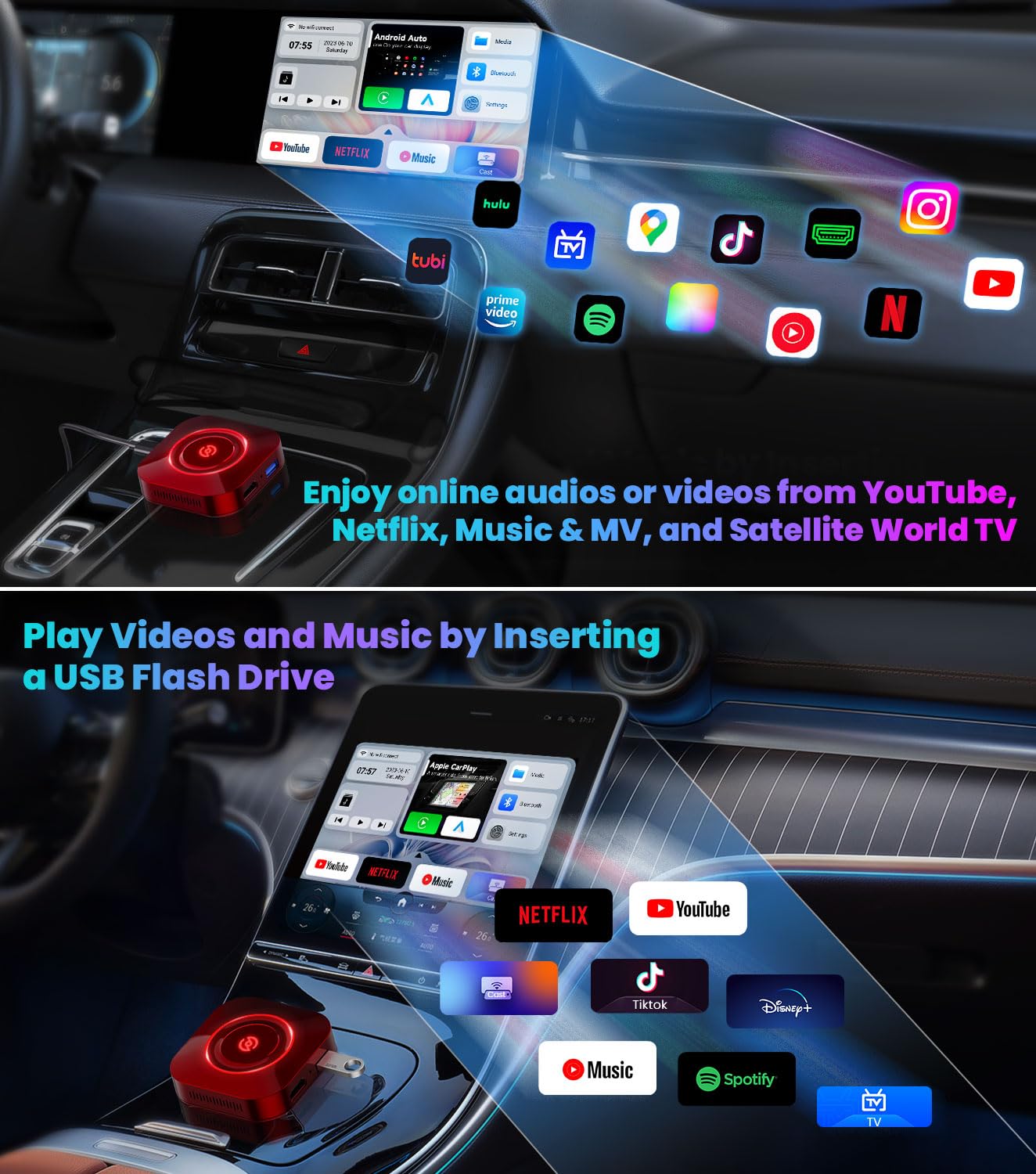 CarPlay AI Box 2.0, Red CarPlay Box Streaming Supports NetfIix/YouTube/Tiktok, Apple CarPlay/Android Auto Wireless Adapter Newest, Wireless CarPlay Adapter for Factory Wired CarPlay Cars Gift