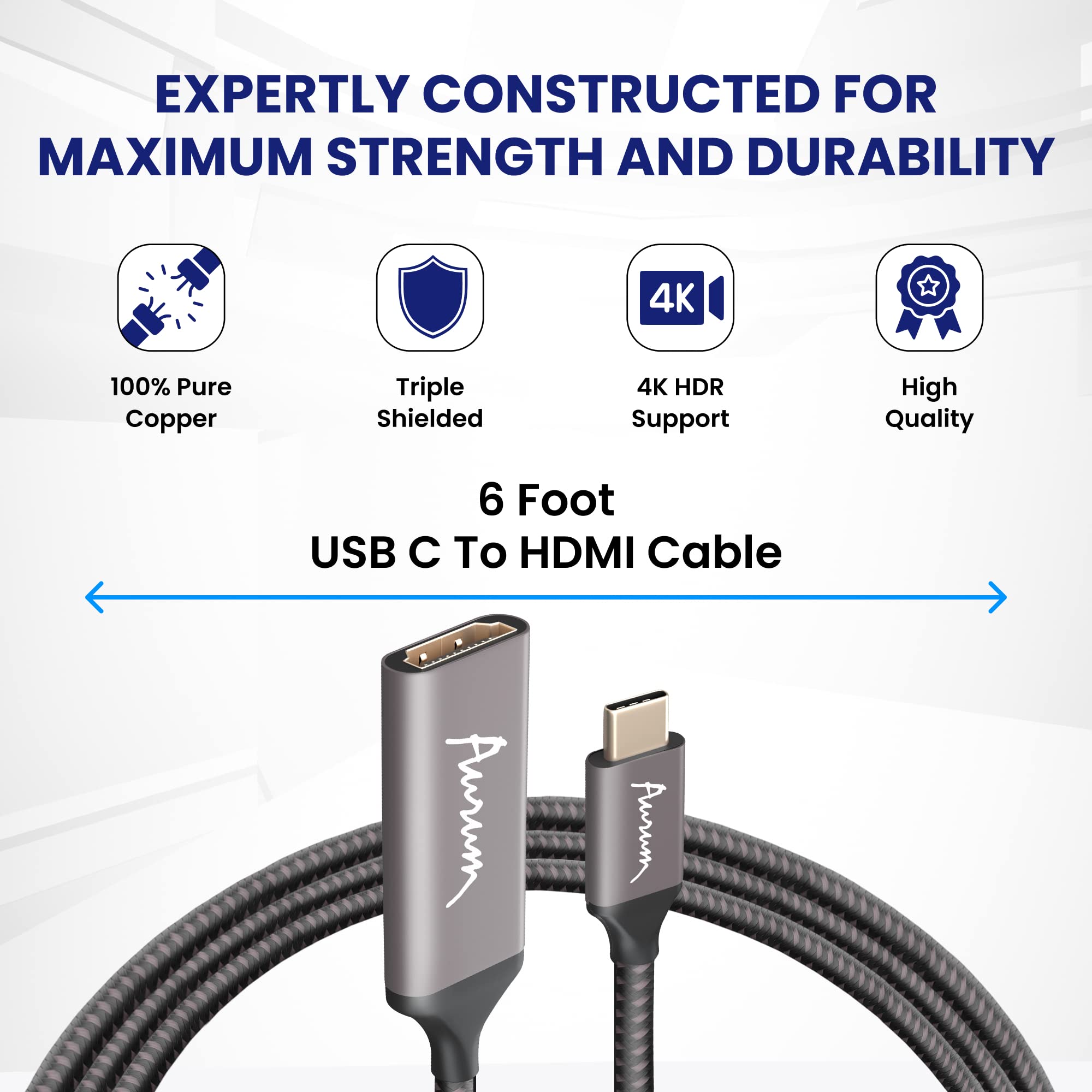 AURUM CABLES USB C to HDMI Cable, 6 feet Black Braided 4K@60Hz USB Type C to HDMI Cable Cord to Connect Phone or Computer to TV, Thunderbolt 3 Compatible with Samsung Galaxy, MacBook Pro/Air, iPad