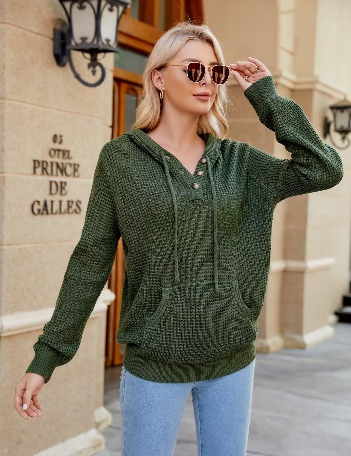 VIMPUNEC 2024 Fall Womens Oversized Hoodies Knit V Neck Sweaters Fashion Casual Pullover Tops A Green