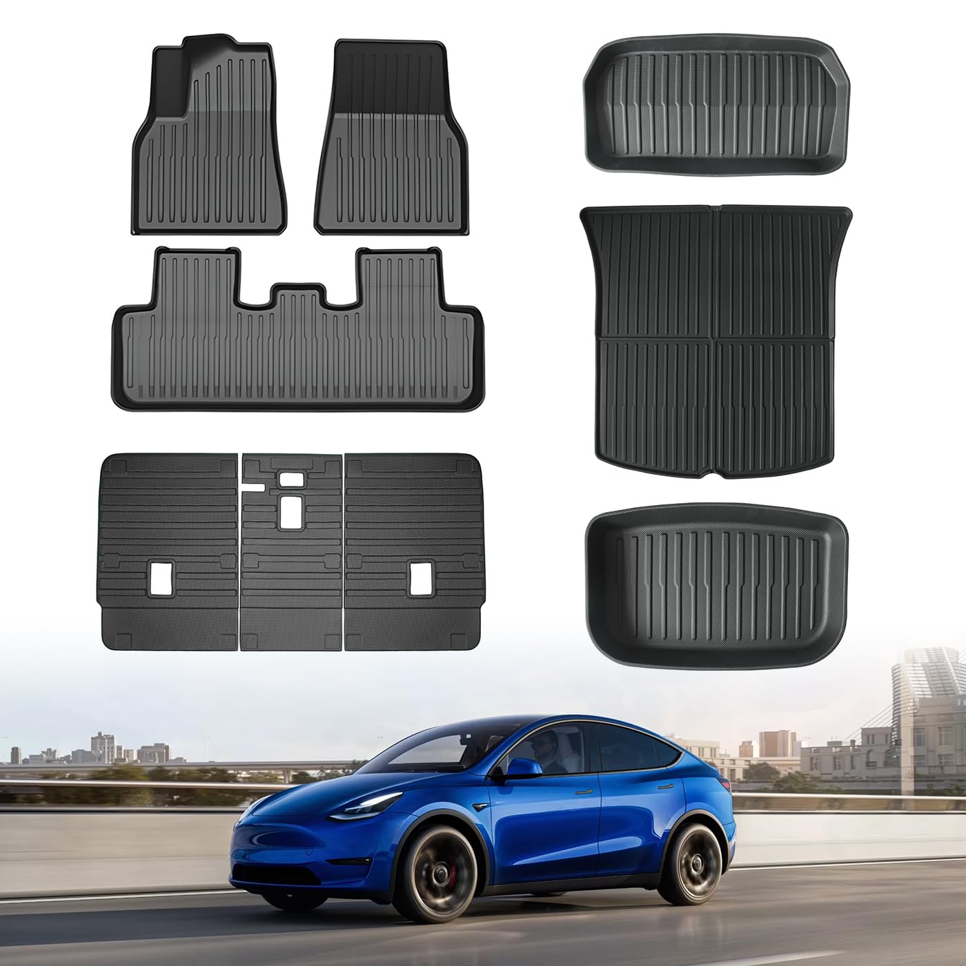 TSLAUCAY Floor Mat for Tesla Model Y 5 Seater 2024-2020 3D All Weather Floor Mats for Model Y 9PCS TPE Full Set Floor Mat for Model Y with Front Rear Cargo Liner and Seat Back Mat-5 Seater