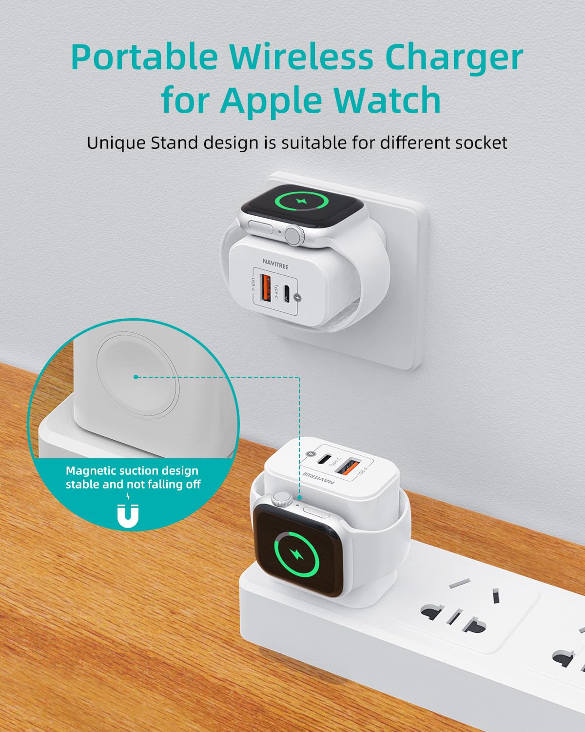 NAVITREE 3-in-1 Charger Block, Built-in Watch Charger, 20W Portable Dual Port Charging Brick USB C Wall Plug, Suitable for Apple Watch 9/8/7/6/5/4/3/2/1/SE/Ultra, iPhone 16/15/14/13/12 Series