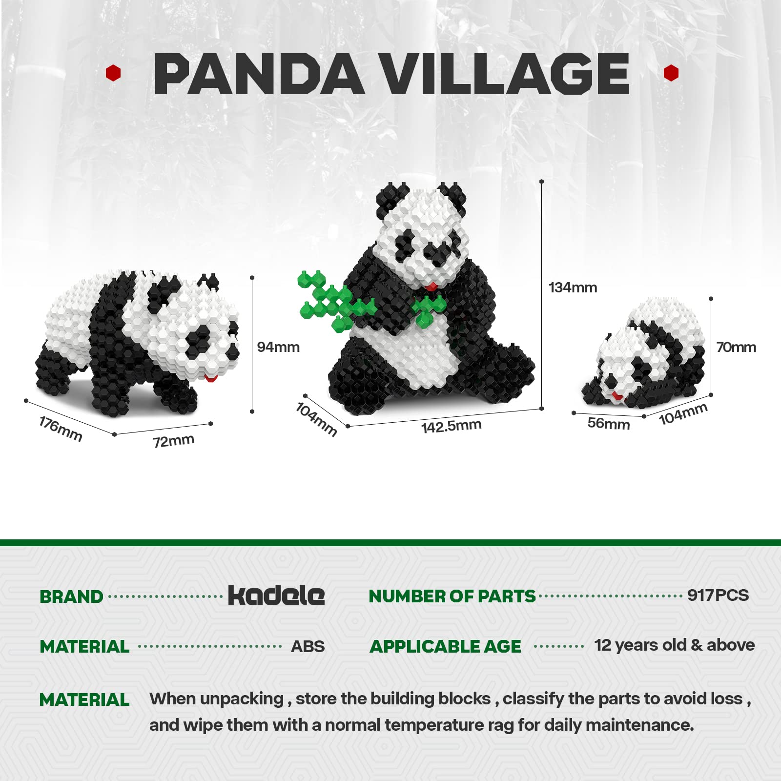 KADELE Panda Building Animal Sets, Extremely Challenging STEM Building Blocks Decor for Adults Kids, Micro 3D Educational Toys for Boys Girls Ages 12 and Up, Panda Village (917 Pieces)