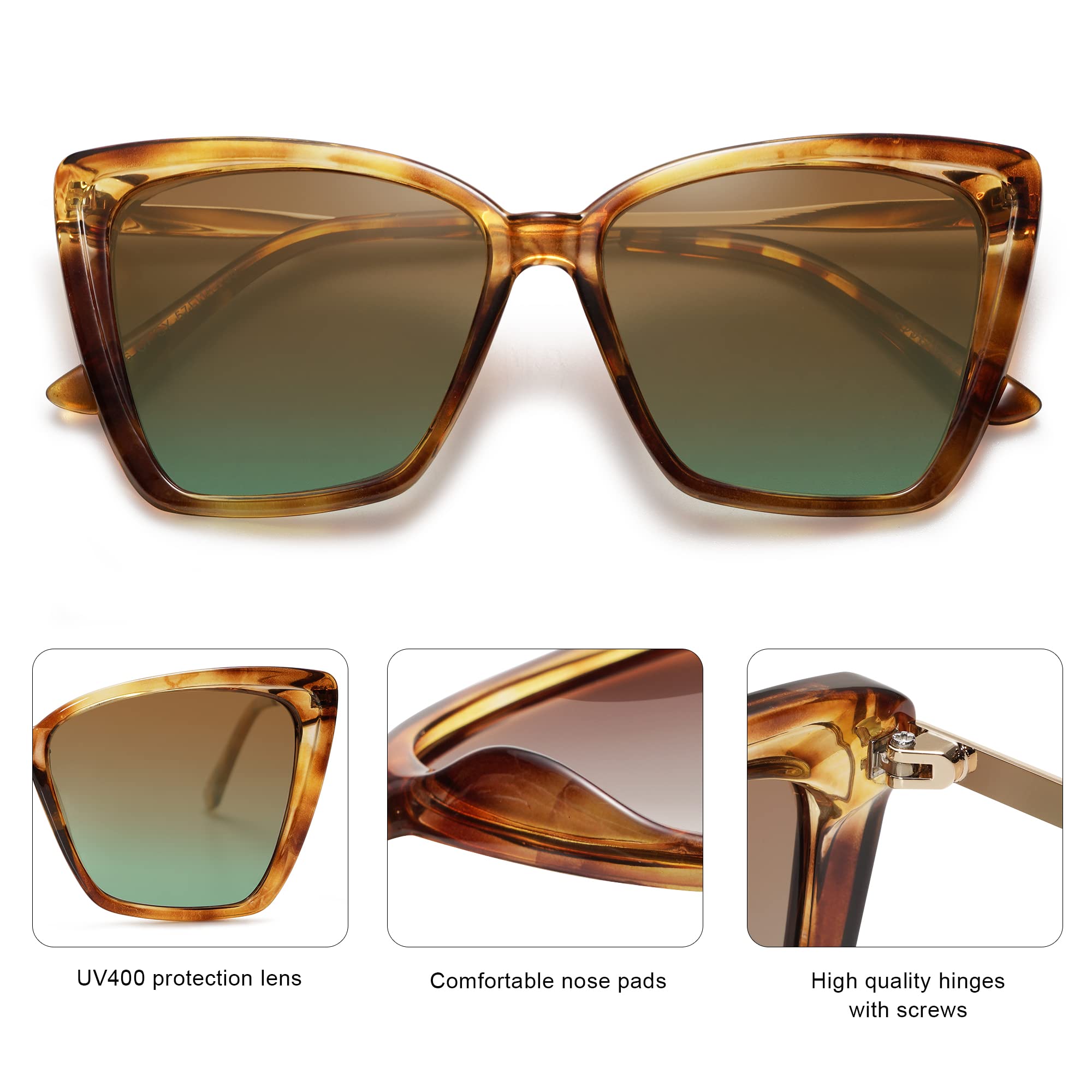 SOJOS Trendy Polarized Sunglasses For Women Retro Womens Oversized Square Cat Eye Sun Glasses UV Protection SJ2206 Yellow Tortoise Frame/Brown Grading Green Lens