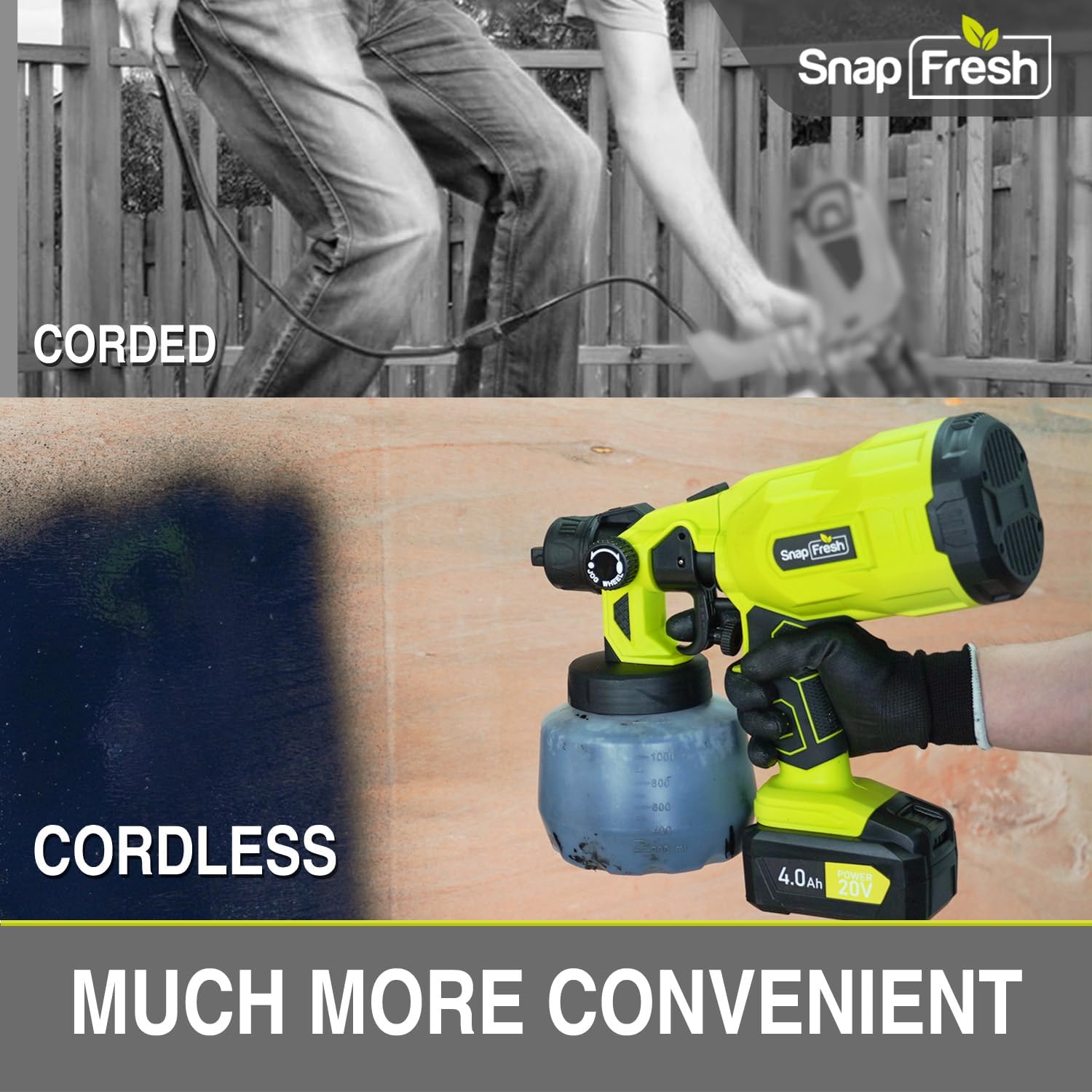 SnapFresh 20V Cordless Electric Paint Sprayer- Powerful Battery Powered HVLP Spray Gun,Lightweight Tool with 3 Nozzles for Home DIY Projects(4.0Ah Battery & Fast Charger Included)