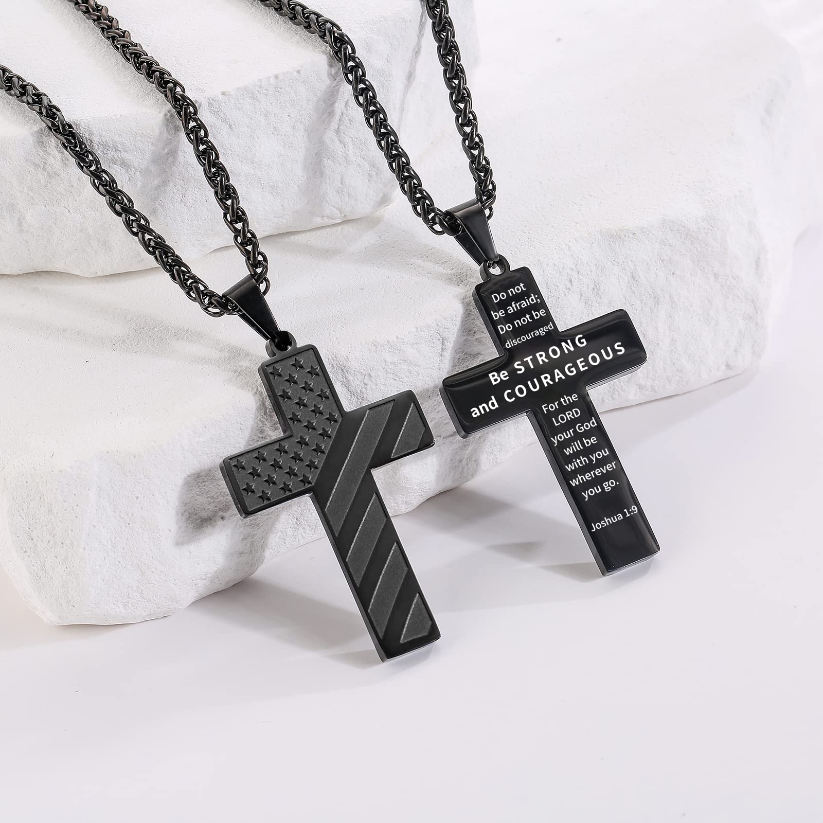 DuoDiner Black Cross Necklace for Men Boys Pendant Chain American Flag Joshua 1:9 Baptism Religious Christian First Communion Confirmation Jewelry Christmas Graduation Gifts Him Teenage Boys Age