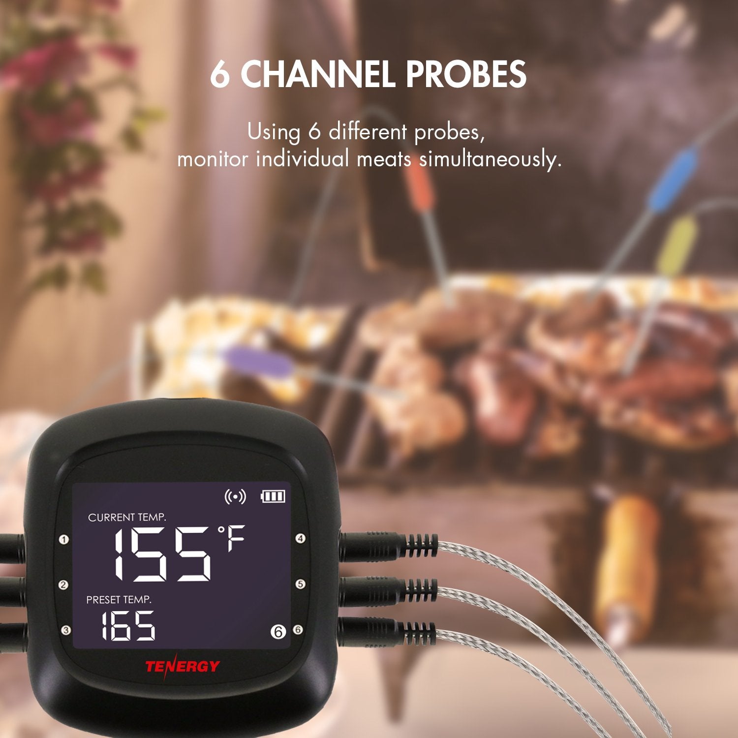 Tenergy Solis Digital Meat Thermometer, APP Controlled Wireless Bluetooth Smart BBQ Thermometer w/ 6 Stainless Steel Probes & Carrying Case, Cooking Thermometer for Grill & Smoker