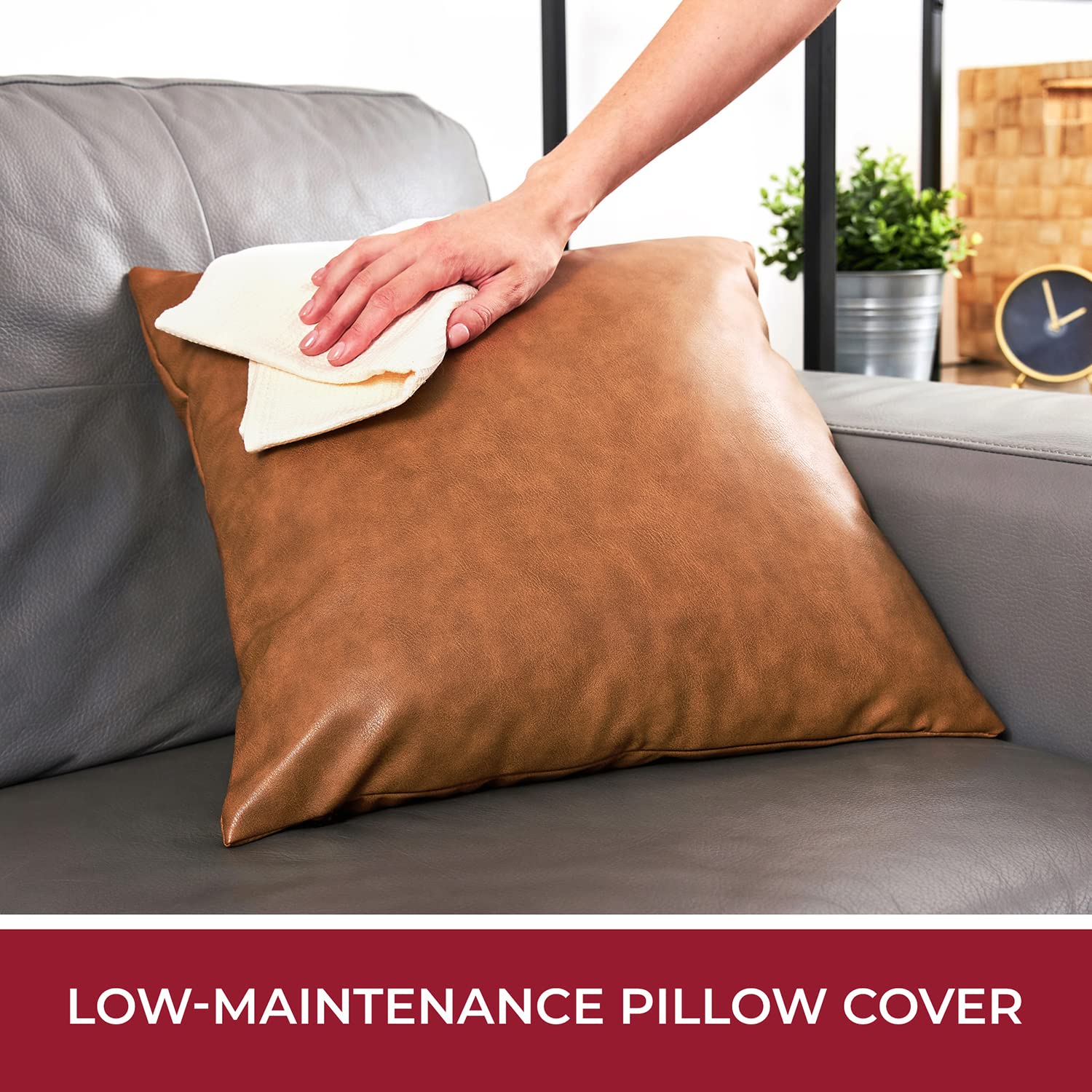 Mellanni 100% Faux Leather Throw Pillow Covers 18x18 - Brown Pillow Covers - Low-Maintenance and Animal-Friendly - with Invisible Zippered Closure - (Pack of 2, 18x18)