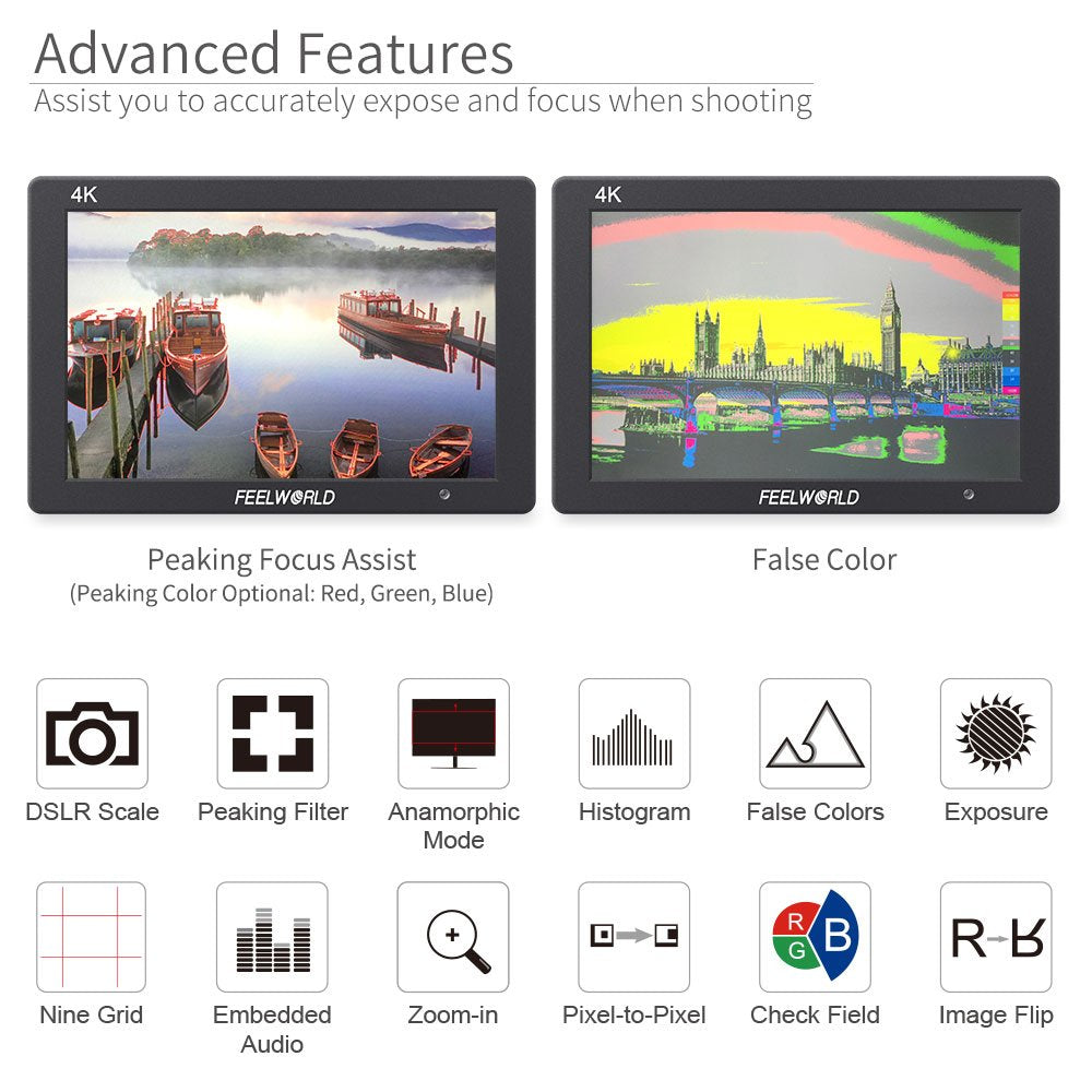 FEELWORLD T7 7 Inch IPS 4K HDMI Camera Field Monitor Video Assist Full HD 1920x1200 Solid Aluminum Housing DSLR Monitor with Peaking Focus False Colors