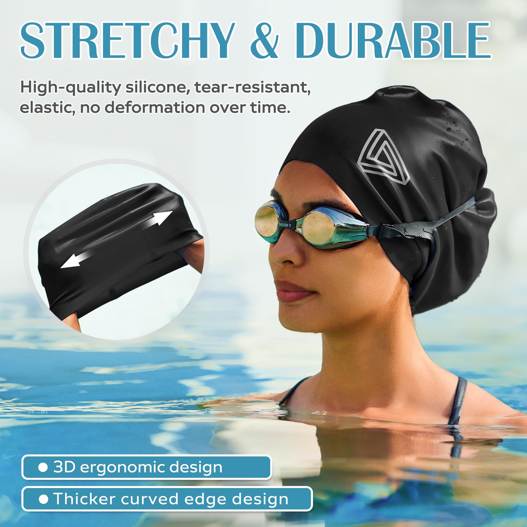 Large Swimming Cap, Suitable for Men and Women, Specially Designed Swimming Cap, Suitable for Very Long and Thick Curly Hair and Braids, Keep Hair Dry (Black)