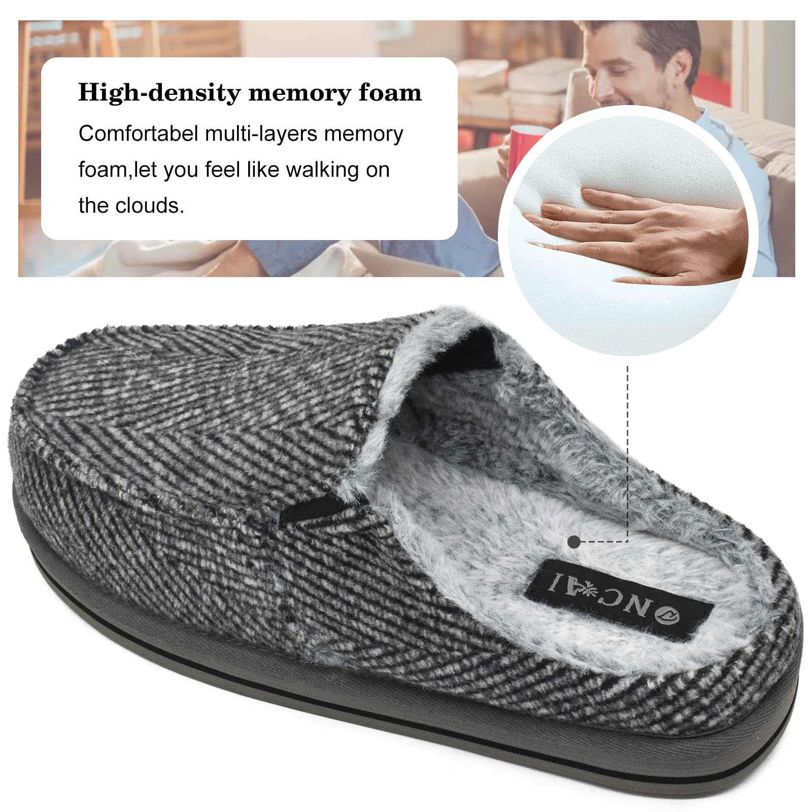 ONCAI Slipper for Men with Arch Support,Cotton-Blend Memory Foam House Slippers for Men Warm Strips Fluff Plush Wool-like Clogs with Rubber Sole Grey Size 9