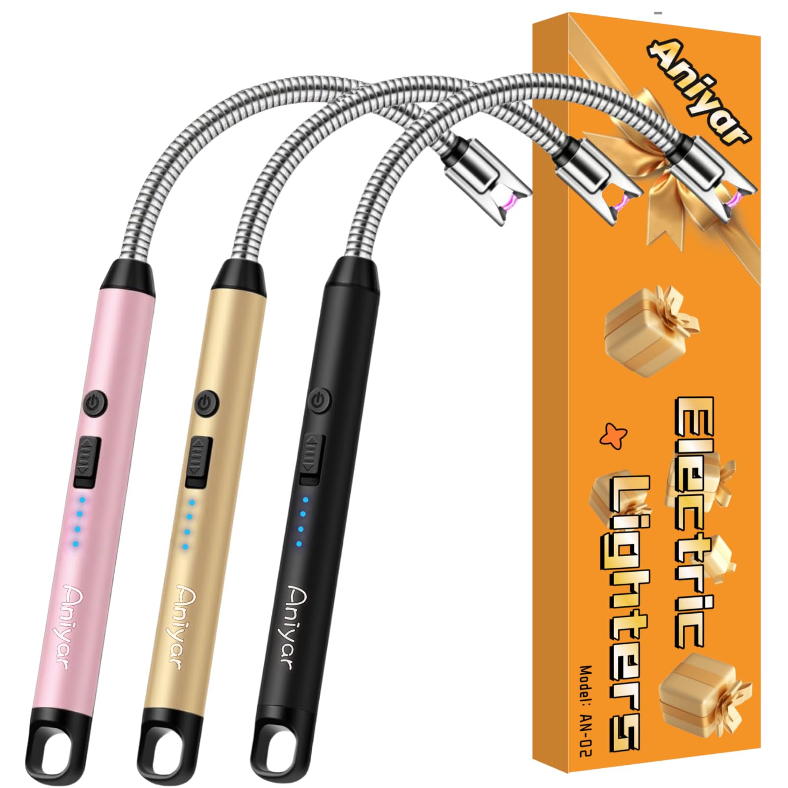 Christmas Stocking Stuffers - 3 Pack Electric Lighter with 360° Flexible Neck & LED Display, Birthday Gifts for Women Mom Men Wife, Rechargeable USB Arc Long Candle Lighters for Candle Camping BBQ