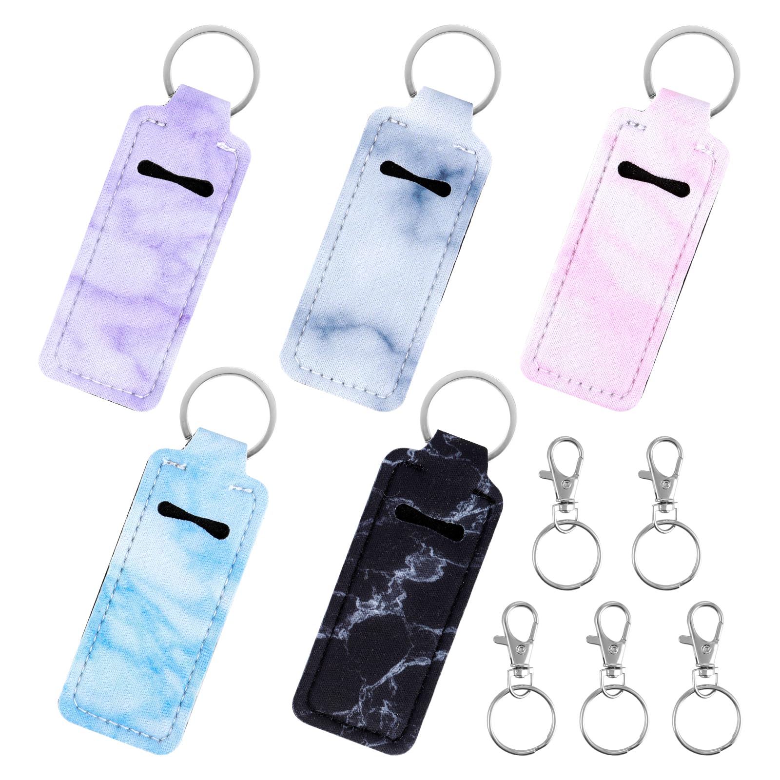 DIVINA VITAE 5 Pcs Chapstick Holder Keychain with 5 Pcs Metal Clip Cords，Neoprene Lip Balm Holder Keychain Cute Chapstick Keychain for Chapstick Tracker and Safeguard(5 Styles)