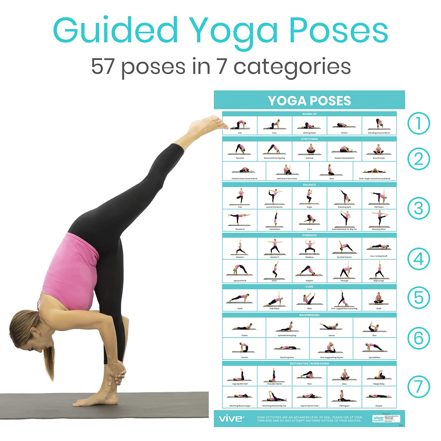 Vive Yoga Poster - Poses for Beginners and Experts - Mat Exercise Home Gym Workout Accessories Set- Double Sided Laminated Flow Chart Accessory - Instructional Guided Routine - for Women, Men