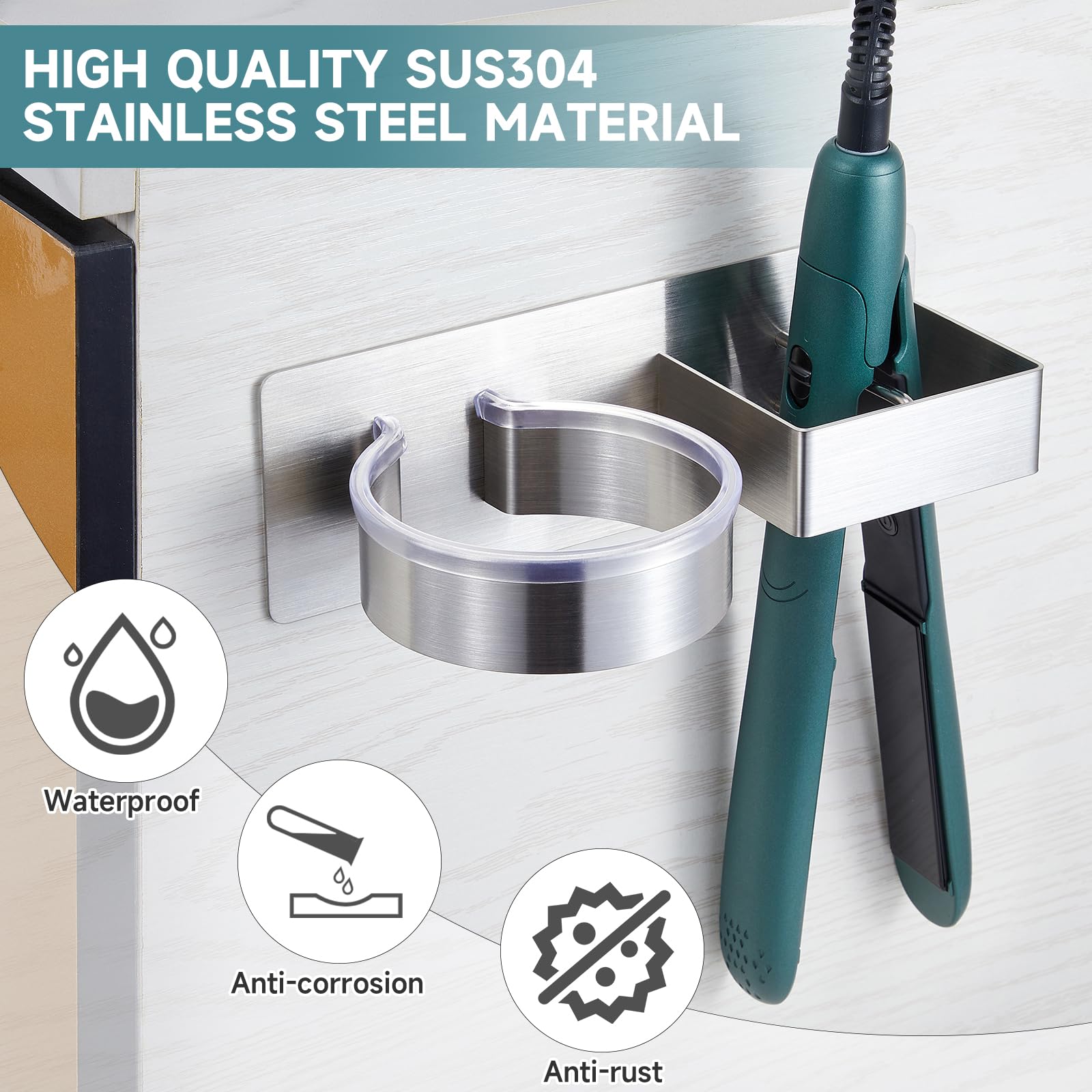 Hair Dryer Holder, Hair Tool Organizer, Stainless Steel Blow Dryer Holder Wall Mounted, Adhesive Straightener Holder, Bathroom Hair Care Styling for Flat Iron,Curling Iron,Hairdryer