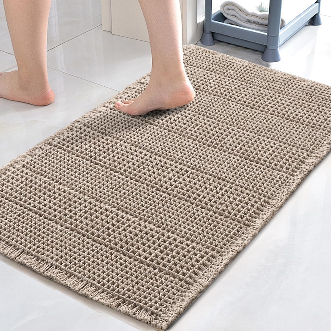 H.VERSAILTEX Upgraded Waffle Bath Mat Super Absorbent Bathroom Mats Non Slip Bath Rugs for Bathroom Floor Machine Washable Dry Fast Bathroom Rugs for Beside Tub, 17" x 24", Irish Cream