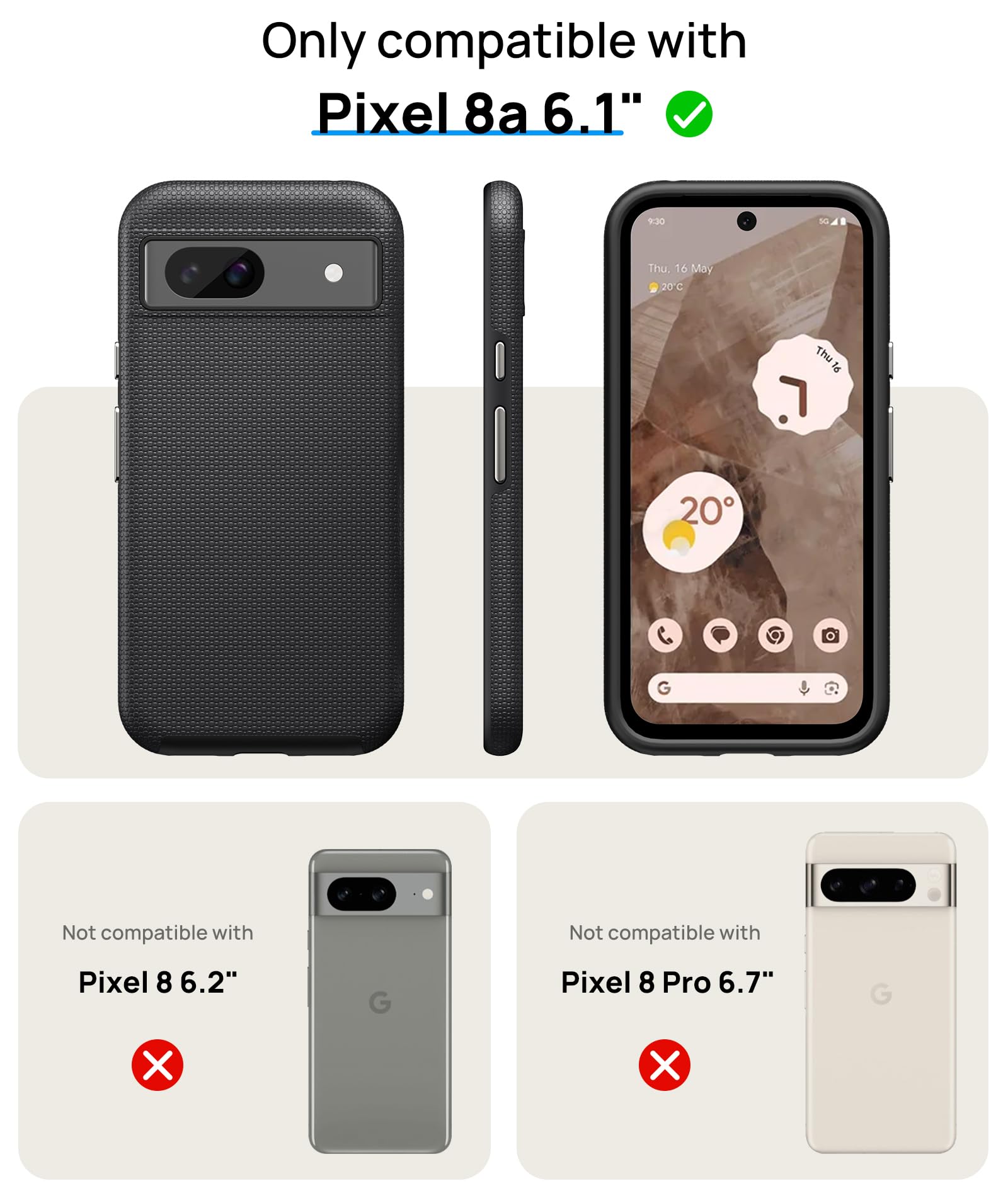 Vihibii for Google Pixel 8a Case, Shockproof Durable Soft Silicone Inner Case & Rugged Hard Outer Cover Double Layer Protection, Pleasant Texture Phone Case for Google Pixel 8a 2024, Black