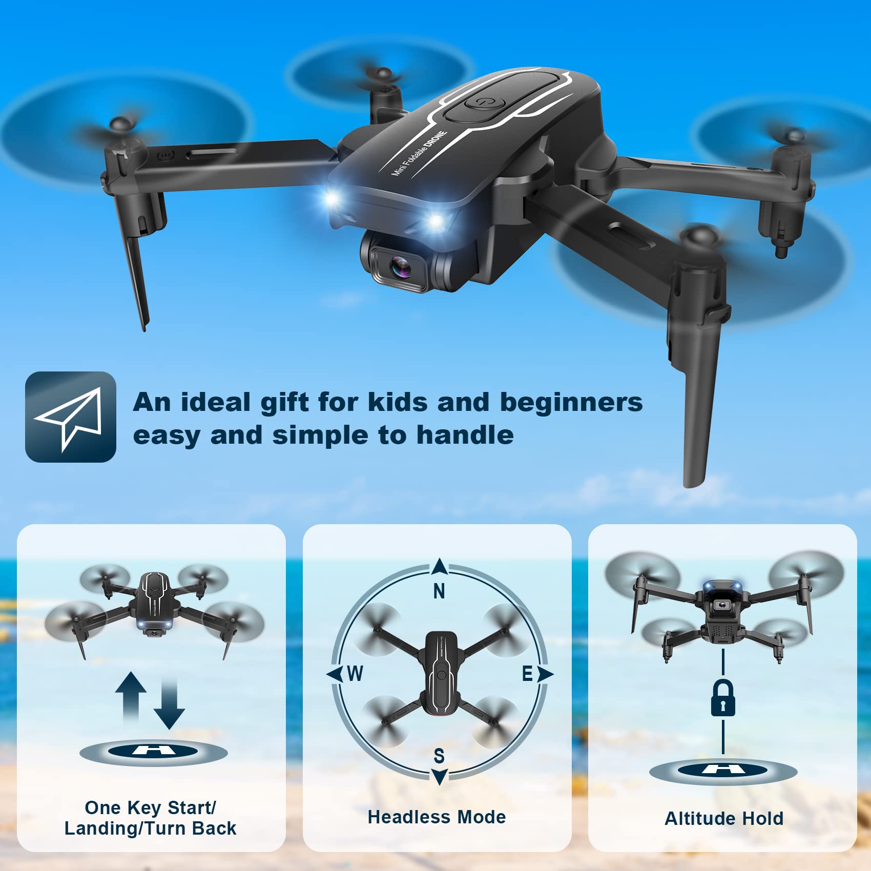 Mini Drone with Camera for Adults Kids - 1080P HD FPV Camera Drones with 90 Adjustable Lens, Gestures Selfie, One Key Start, 360 Flips, Toys Gifts RC Quadcopter for Boys Girls with 2 Batteries